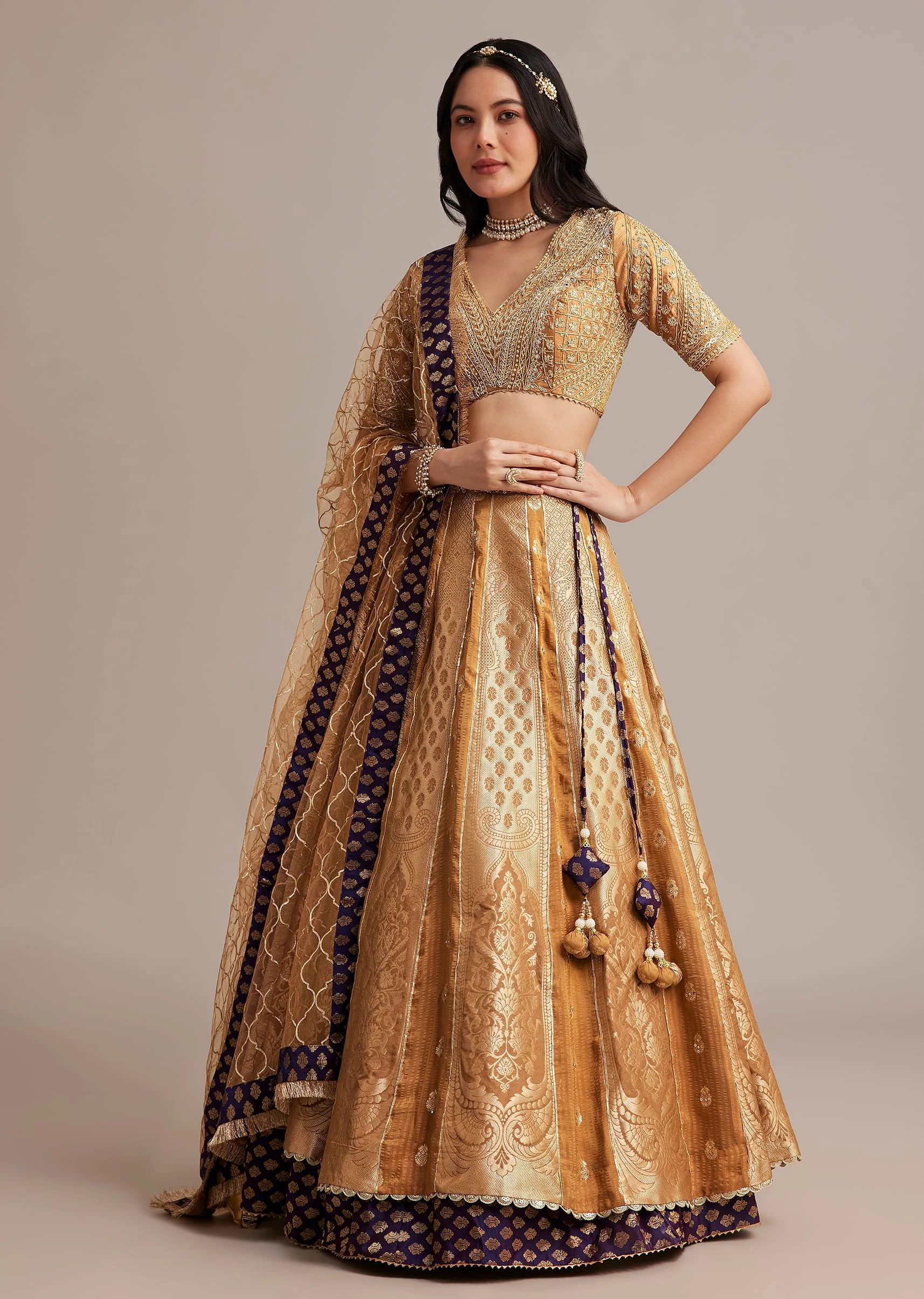 Light Brown Banarasi Silk Lehenga Set With Zardosi Work - Image 3