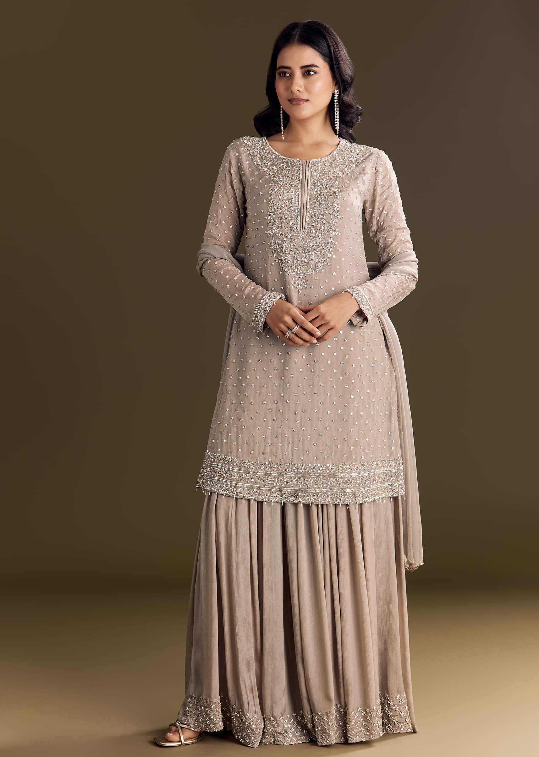 Light Brown Kurta Set With Sequins Palazzo And Dupatta - Image 2
