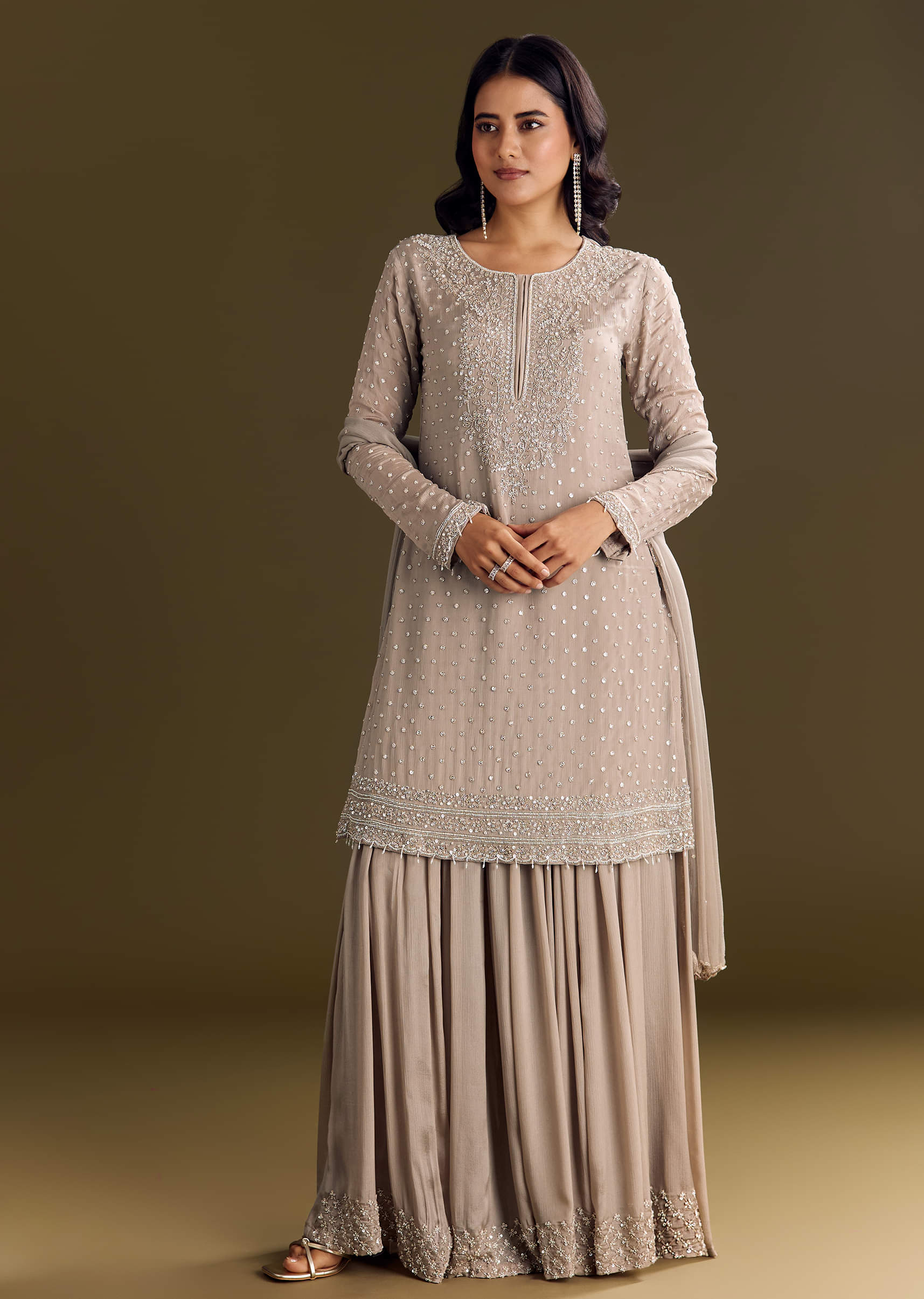 Light Brown Kurta Set With Sequins Palazzo And Dupatta - Image 8