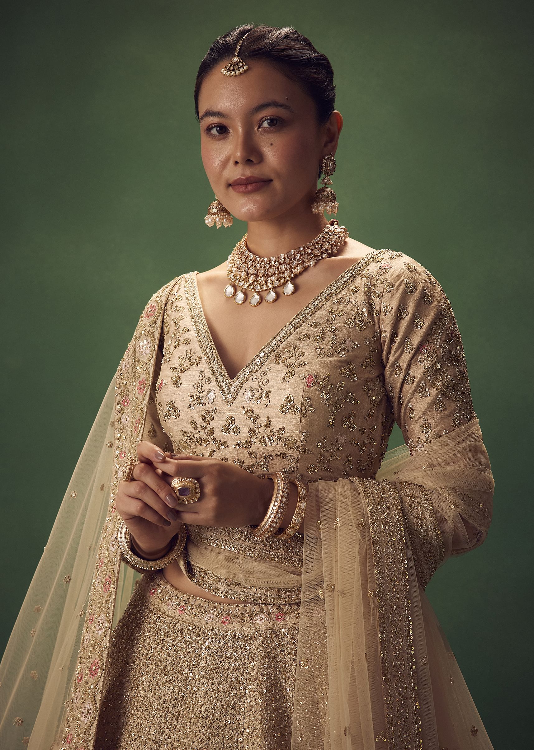 Light Gold Hand Embroidered Lehenga Set - Image 3