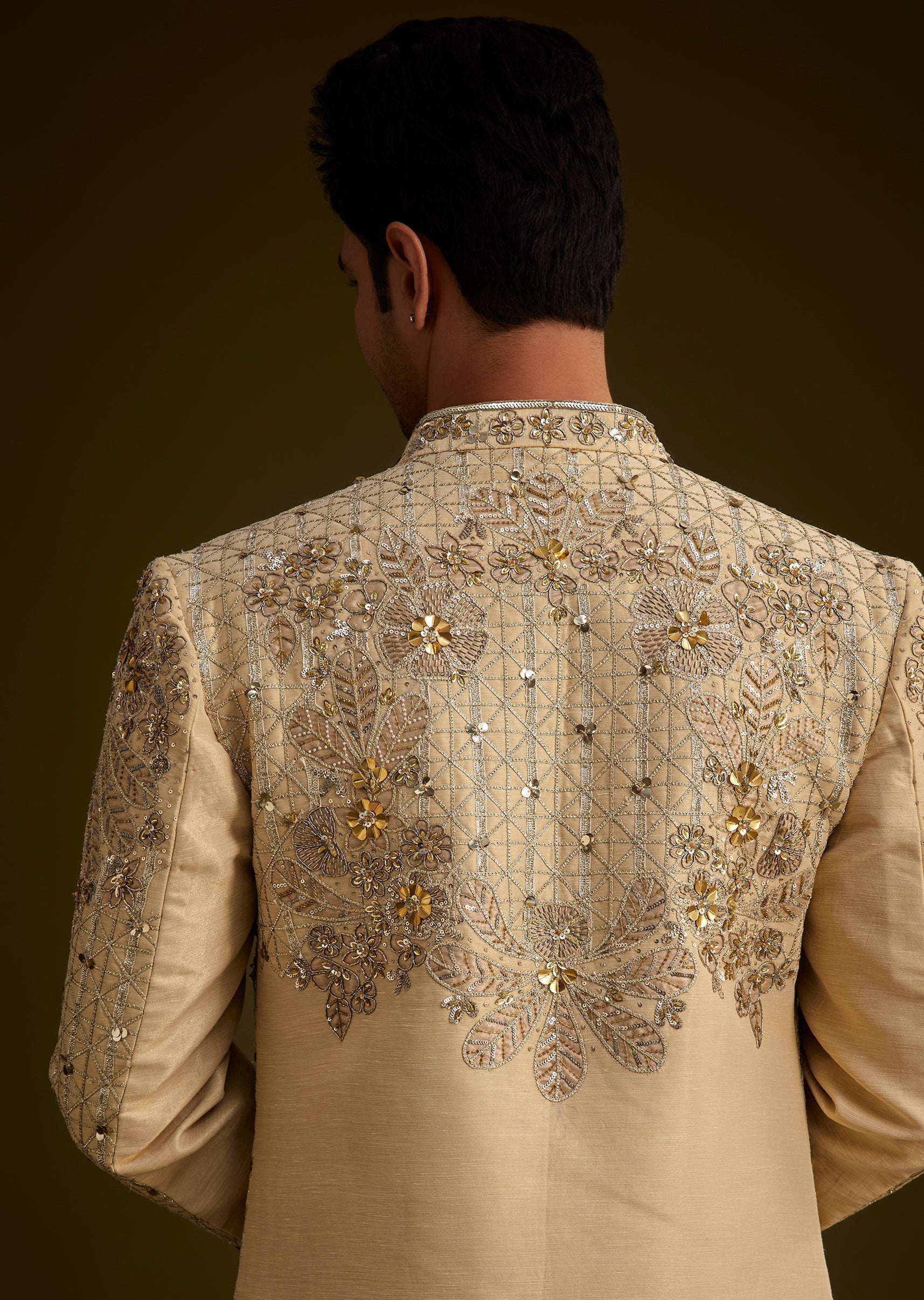 Light Gold Silk Open Sherwani Set With Zardosi Handwork - Image 10