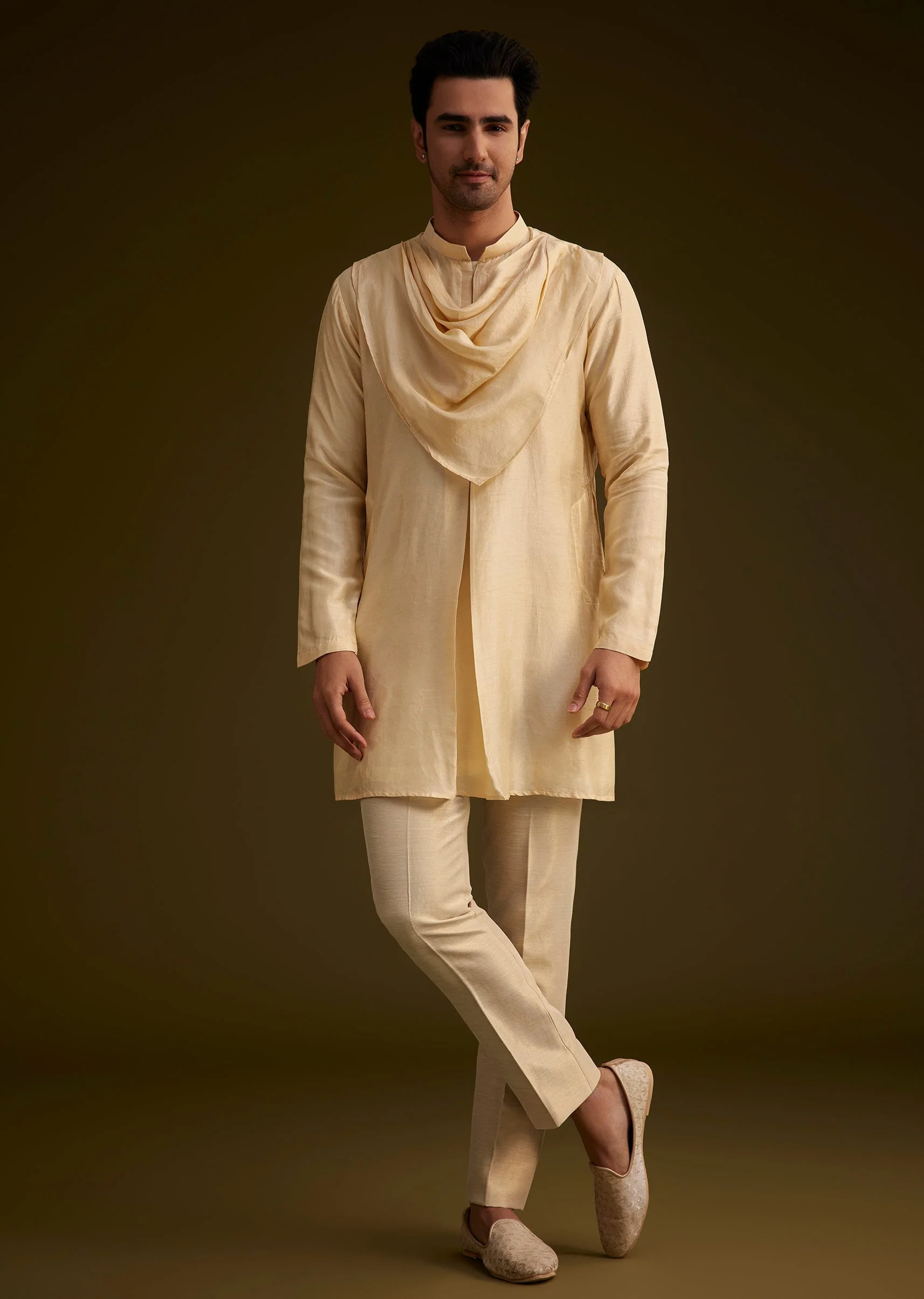 Light Gold Silk Open Sherwani Set With Zardosi Handwork - Image 14