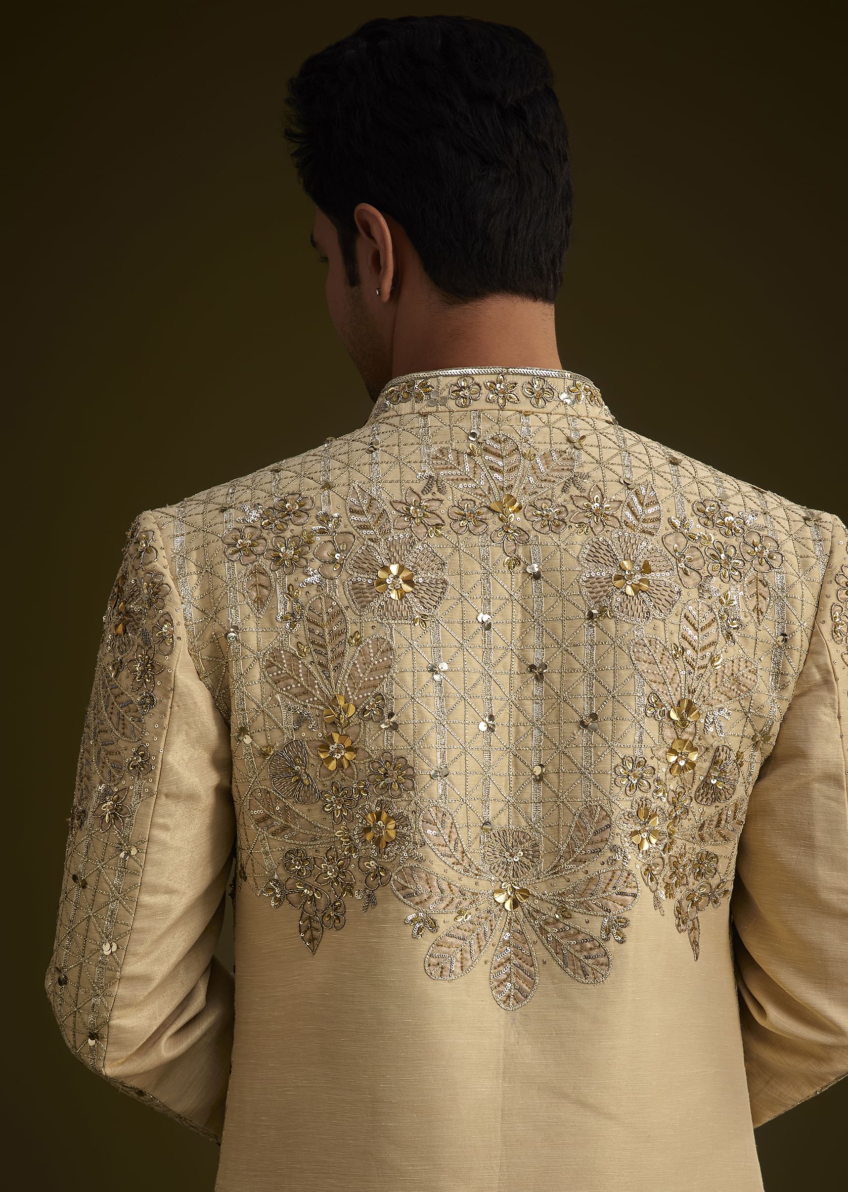 Light Gold Silk Open Sherwani Set With Zardosi Handwork - Image 4