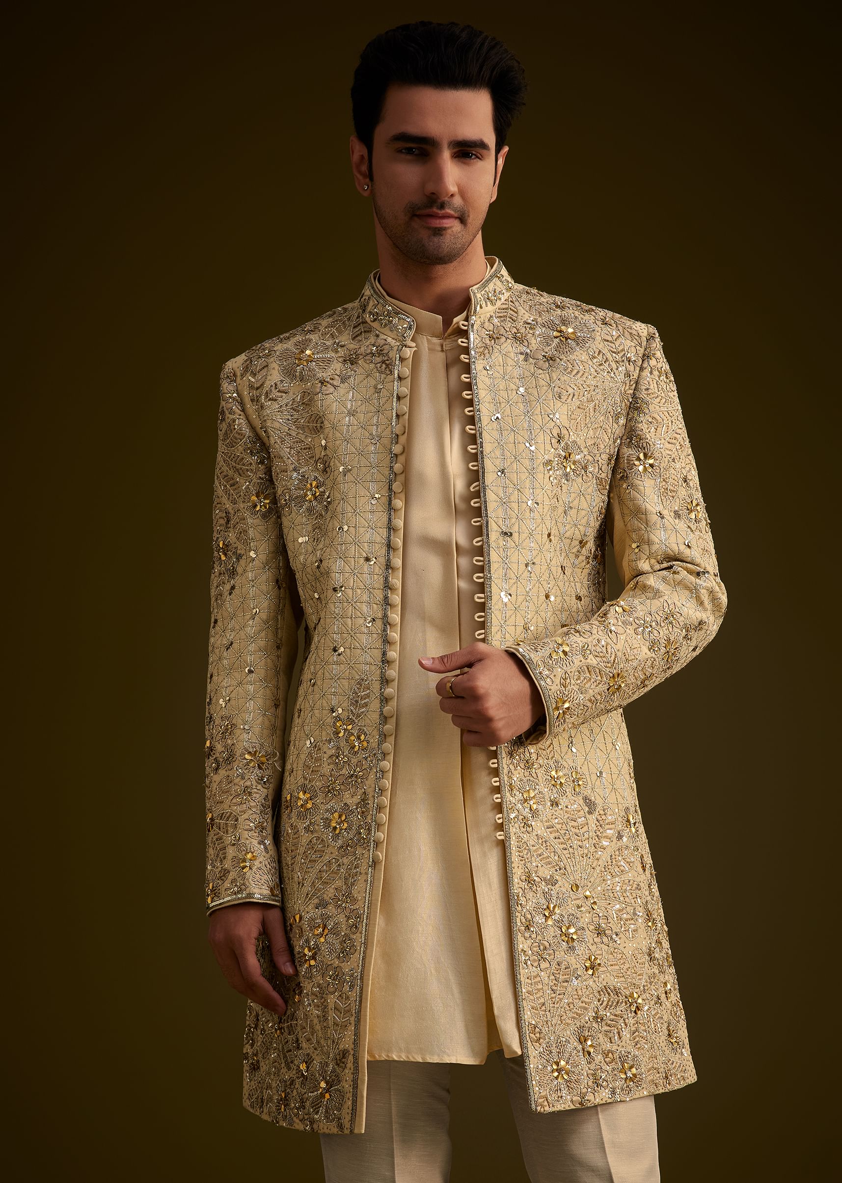Light Gold Silk Open Sherwani Set With Zardosi Handwork - Image 5