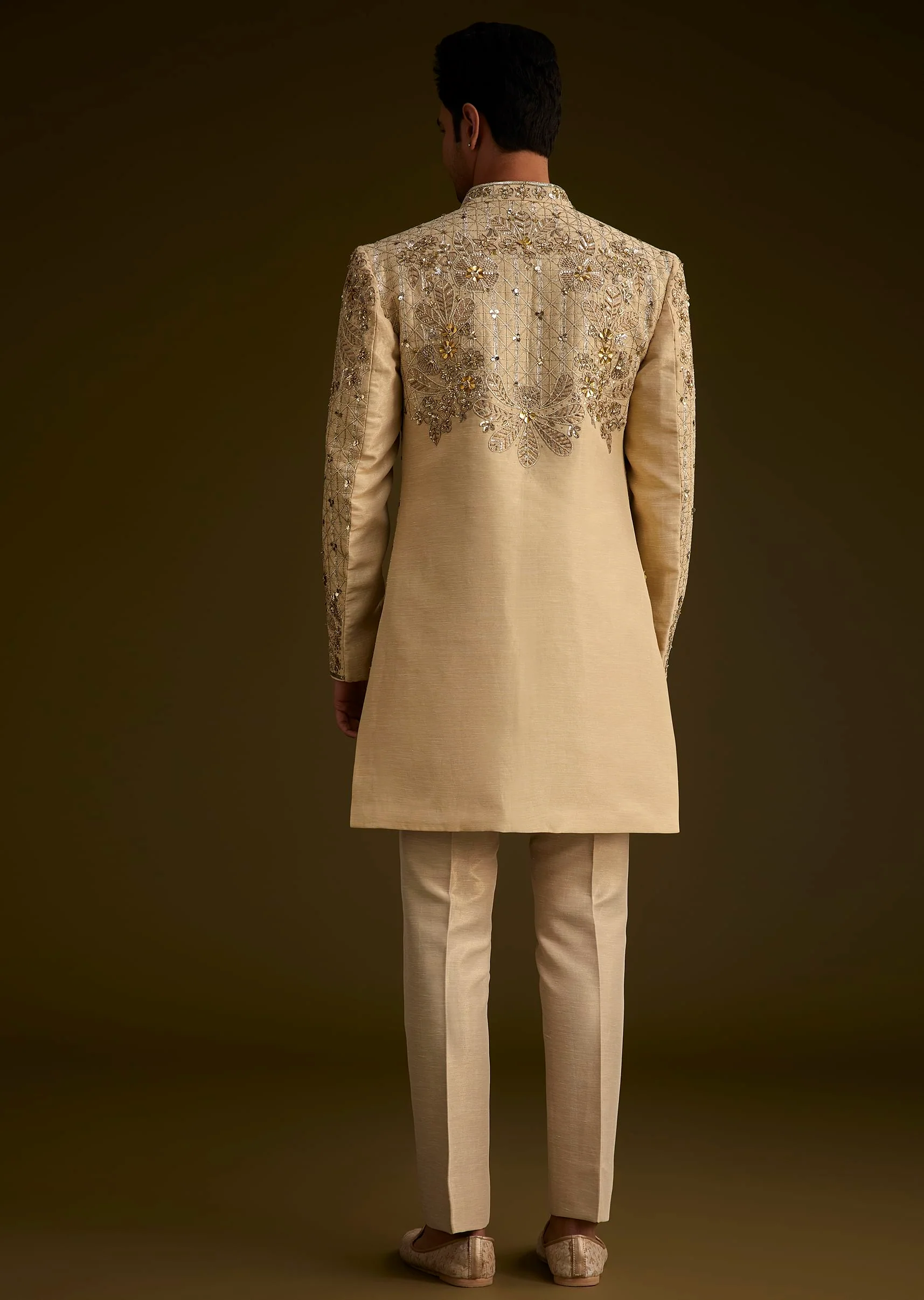 Light Gold Silk Open Sherwani Set With Zardosi Handwork - Image 6
