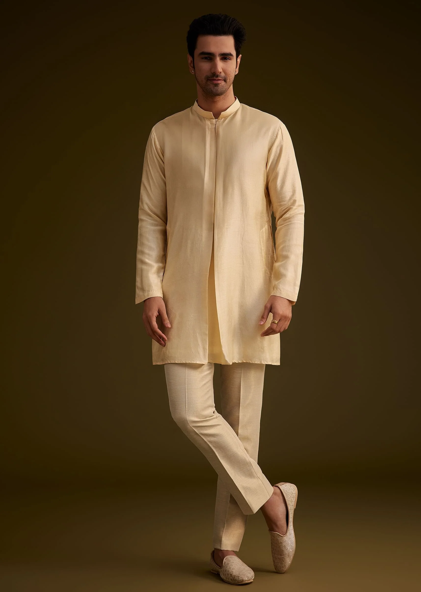 Light Gold Silk Open Sherwani Set With Zardosi Handwork - Image 7