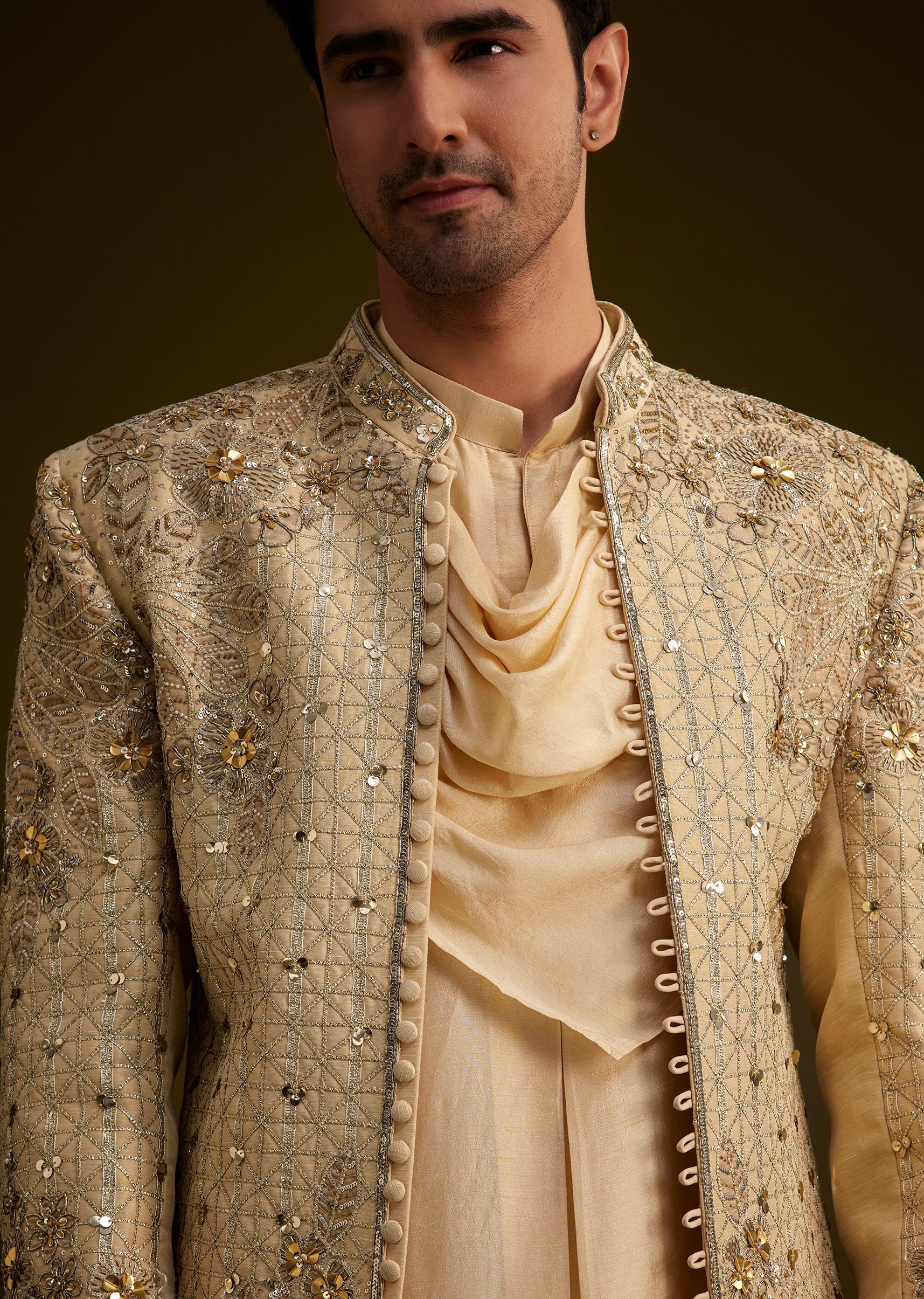 Light Gold Silk Open Sherwani Set With Zardosi Handwork - Image 9