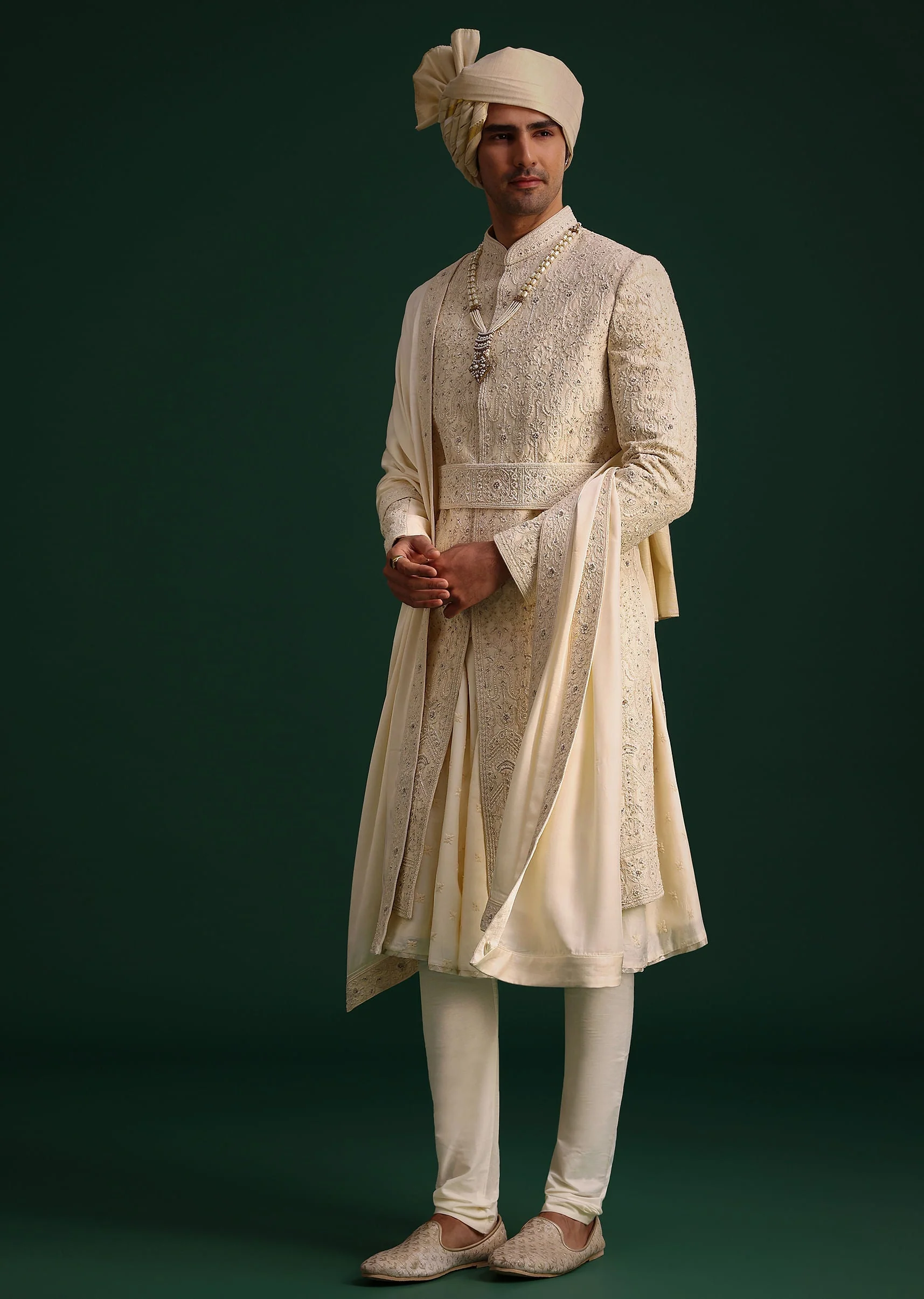 Light Gold Silk Sherwani Set With Kamarbandh And Mala - Image 2