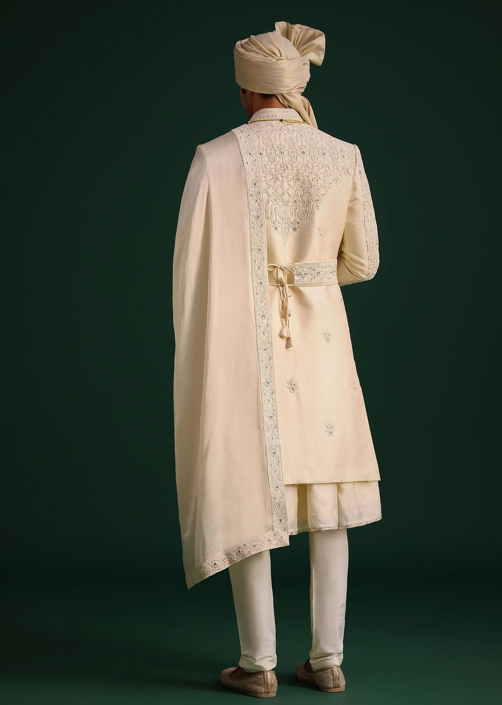 Light Gold Silk Sherwani Set With Kamarbandh And Mala - Image 5