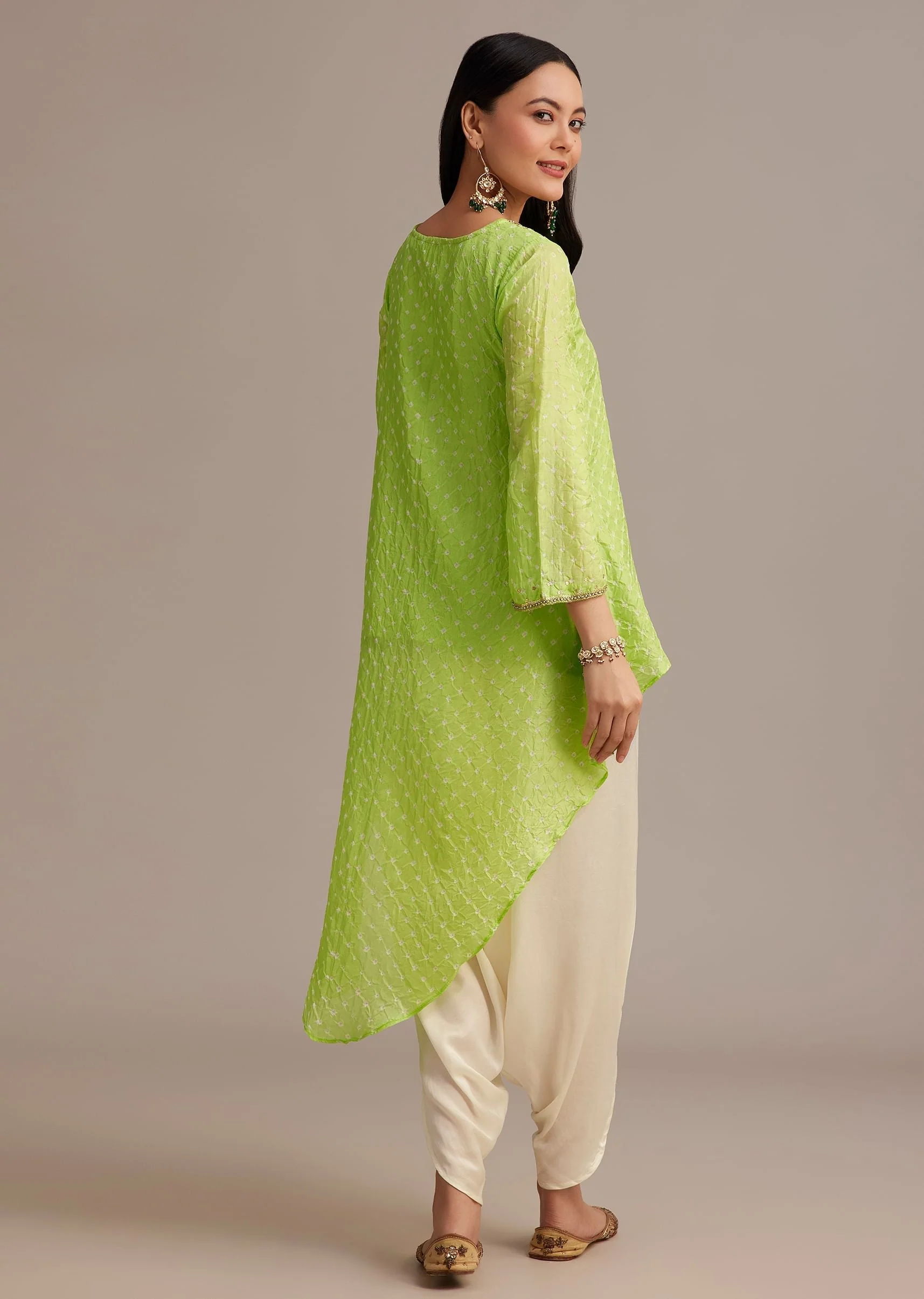 Light Green Bandhani High Low Kurta Set With Dhoti - Image 5