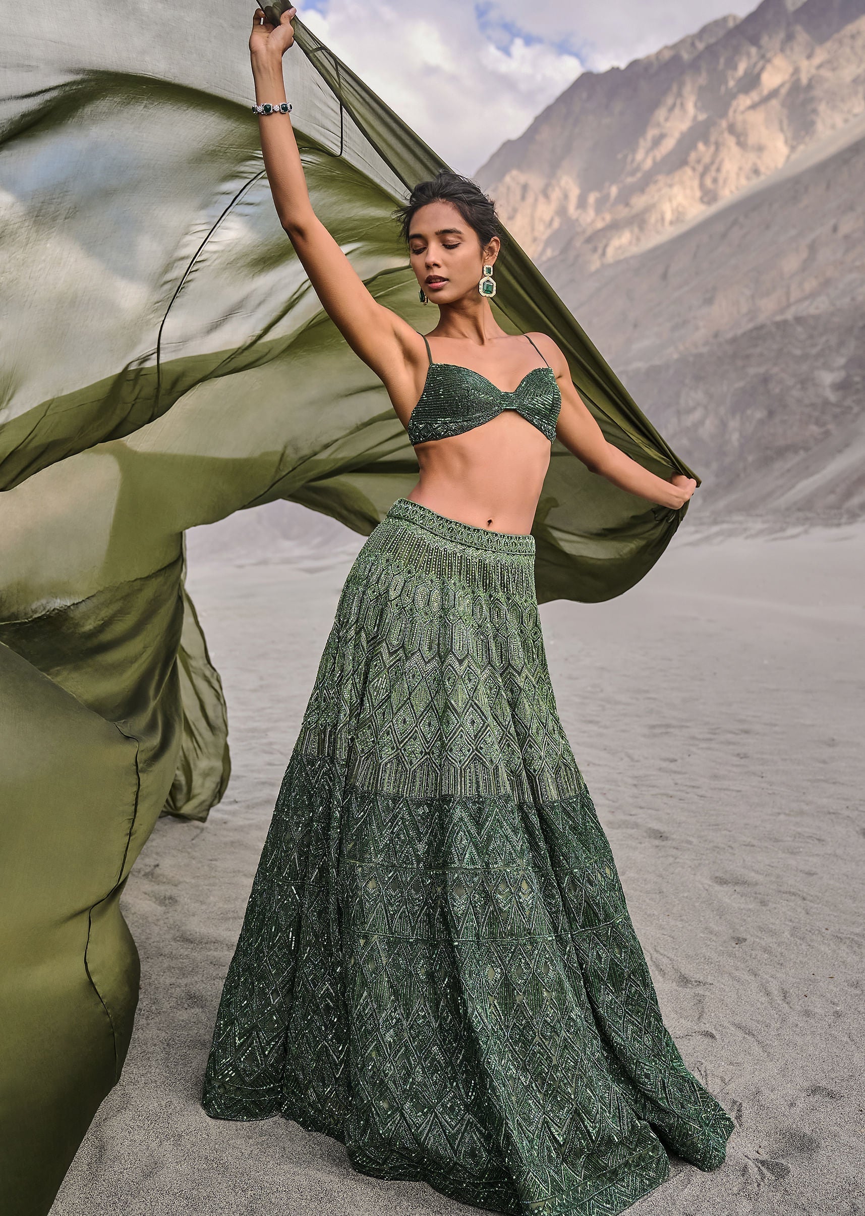 Emerald Green Heavy Crystal Cut Embroidered Lehenga With Cape - Image 3