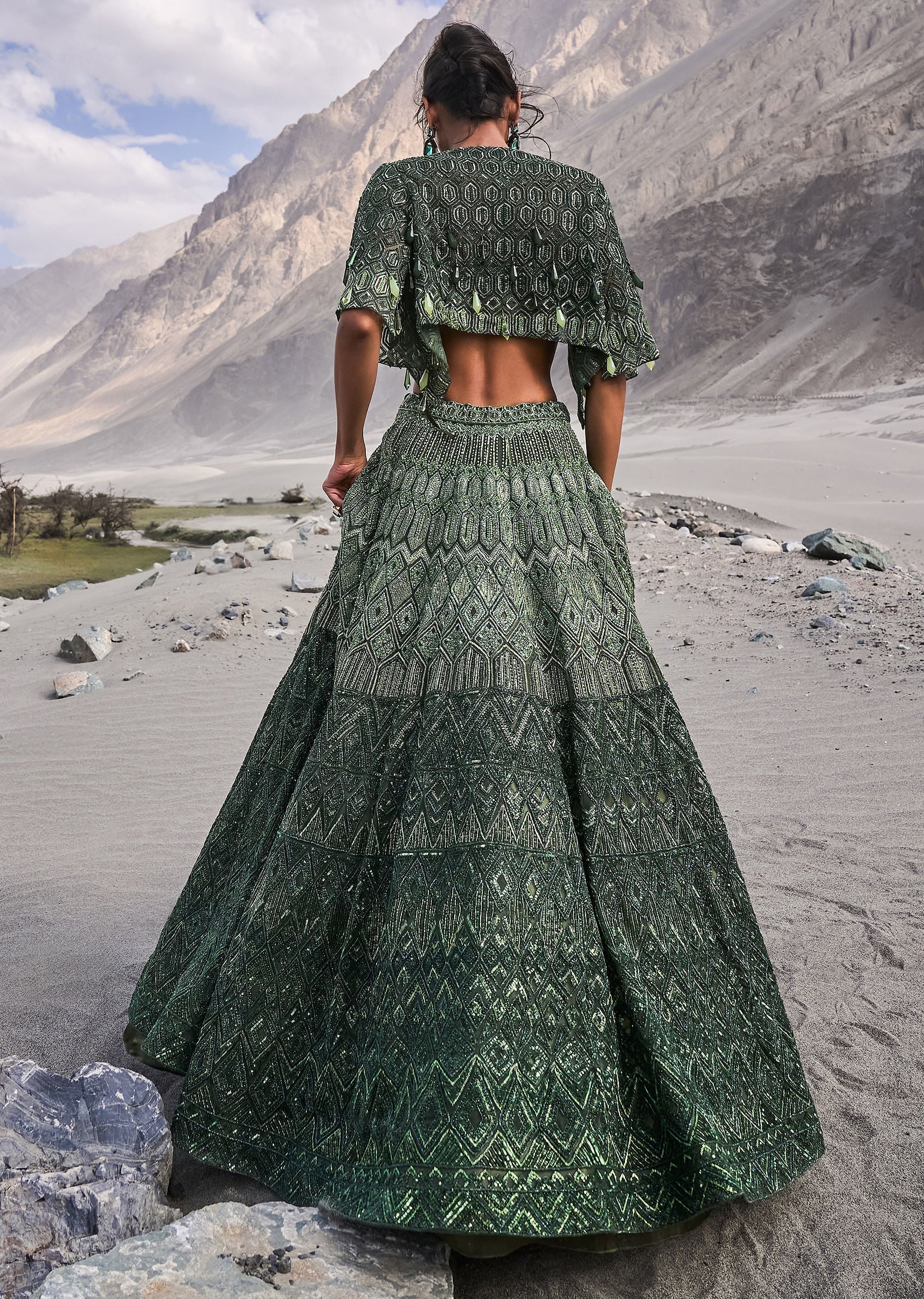 Emerald Green Heavy Crystal Cut Embroidered Lehenga With Cape - Image 5