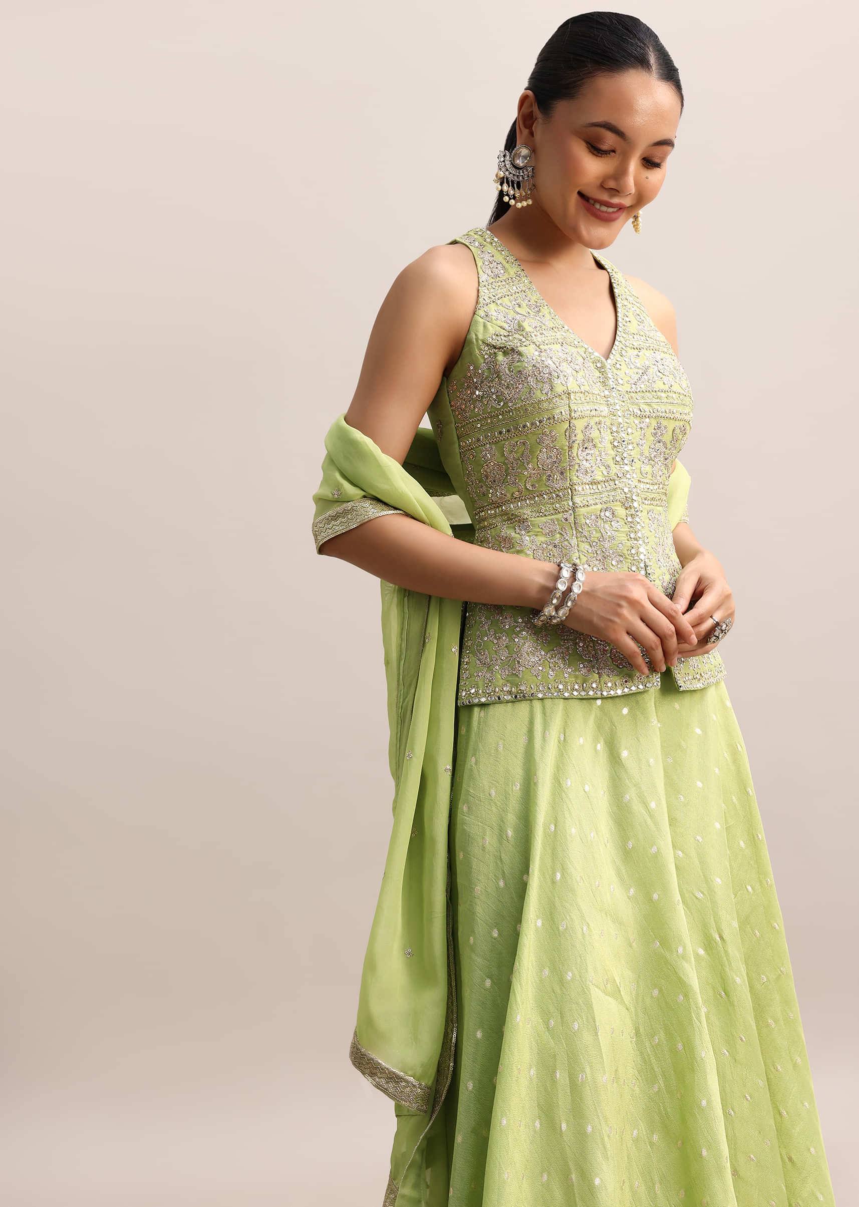Light Green Embroidered Silk Kurta Palazzo With Dupatta - Image 4