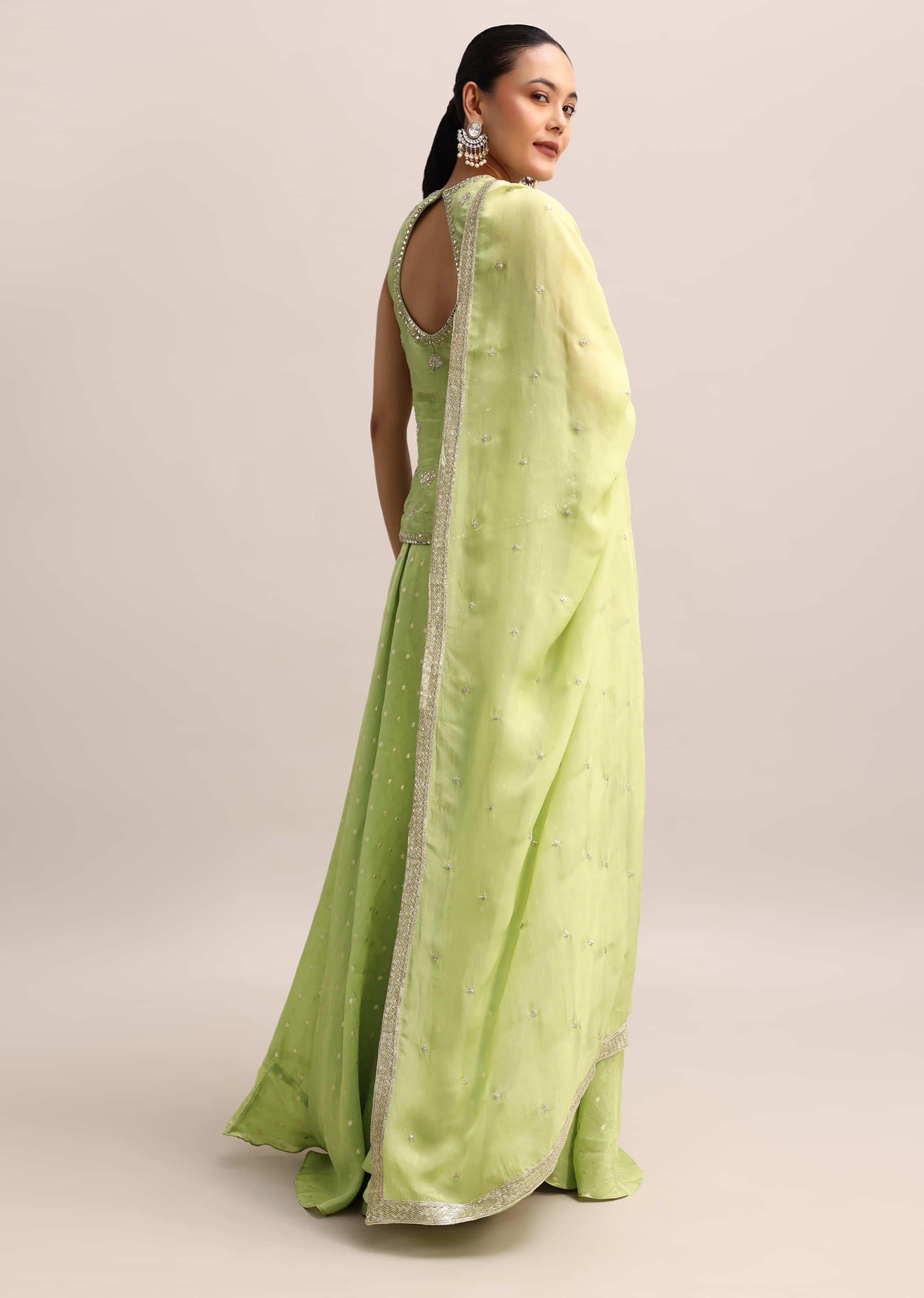Light Green Embroidered Silk Kurta Palazzo With Dupatta - Image 5