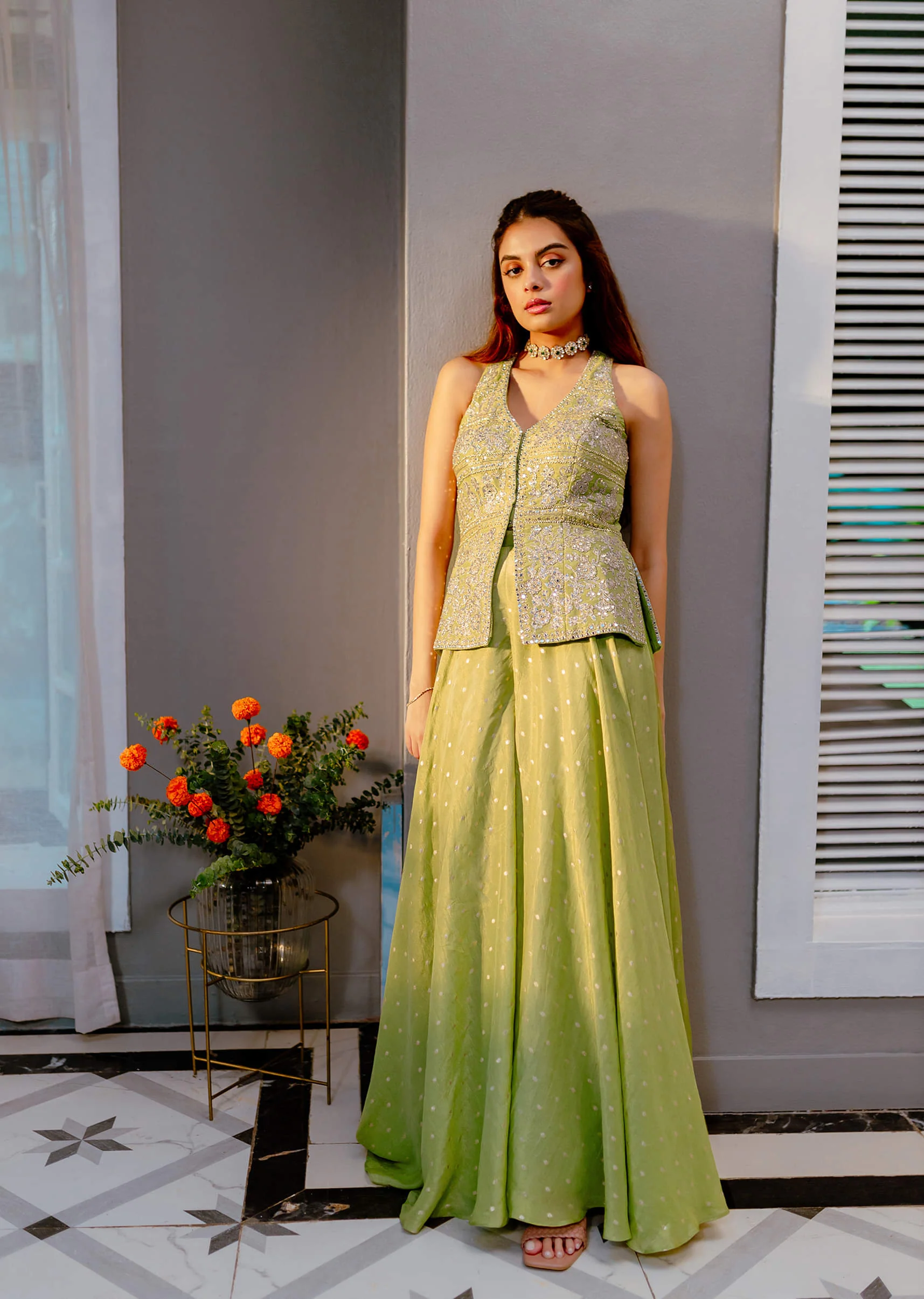 Light Green Embroidered Silk Kurta Palazzo With Dupatta - Image 8