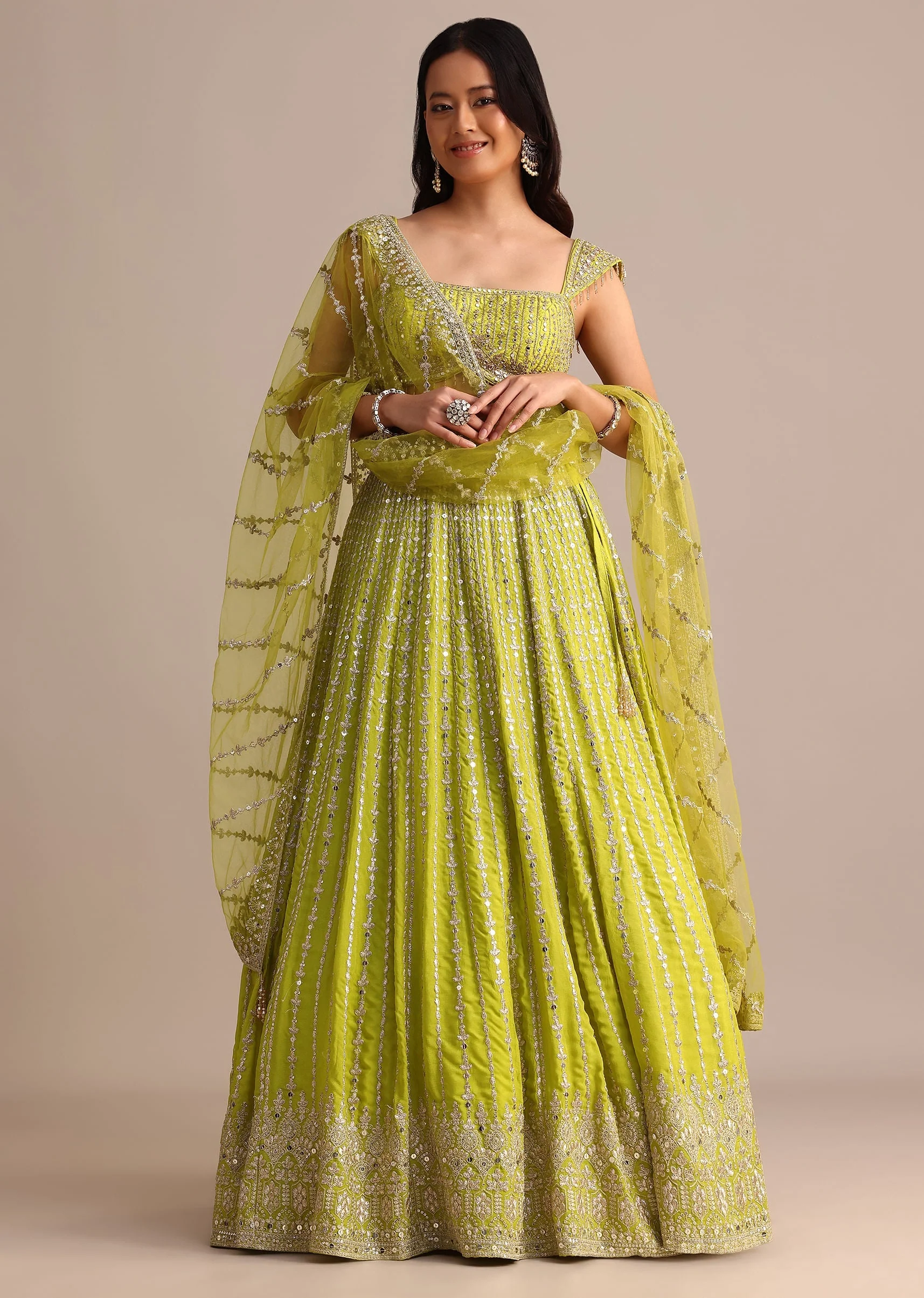 Light Green Embroidered Silk Lehenga Choli With Dupatta - Image 3