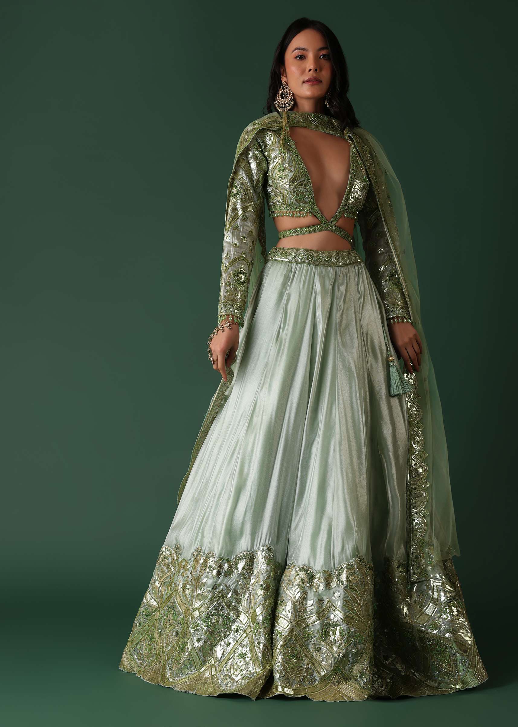 Light Green Foil Printed Bridal Lehenga And Blouse In Organza - Image 3