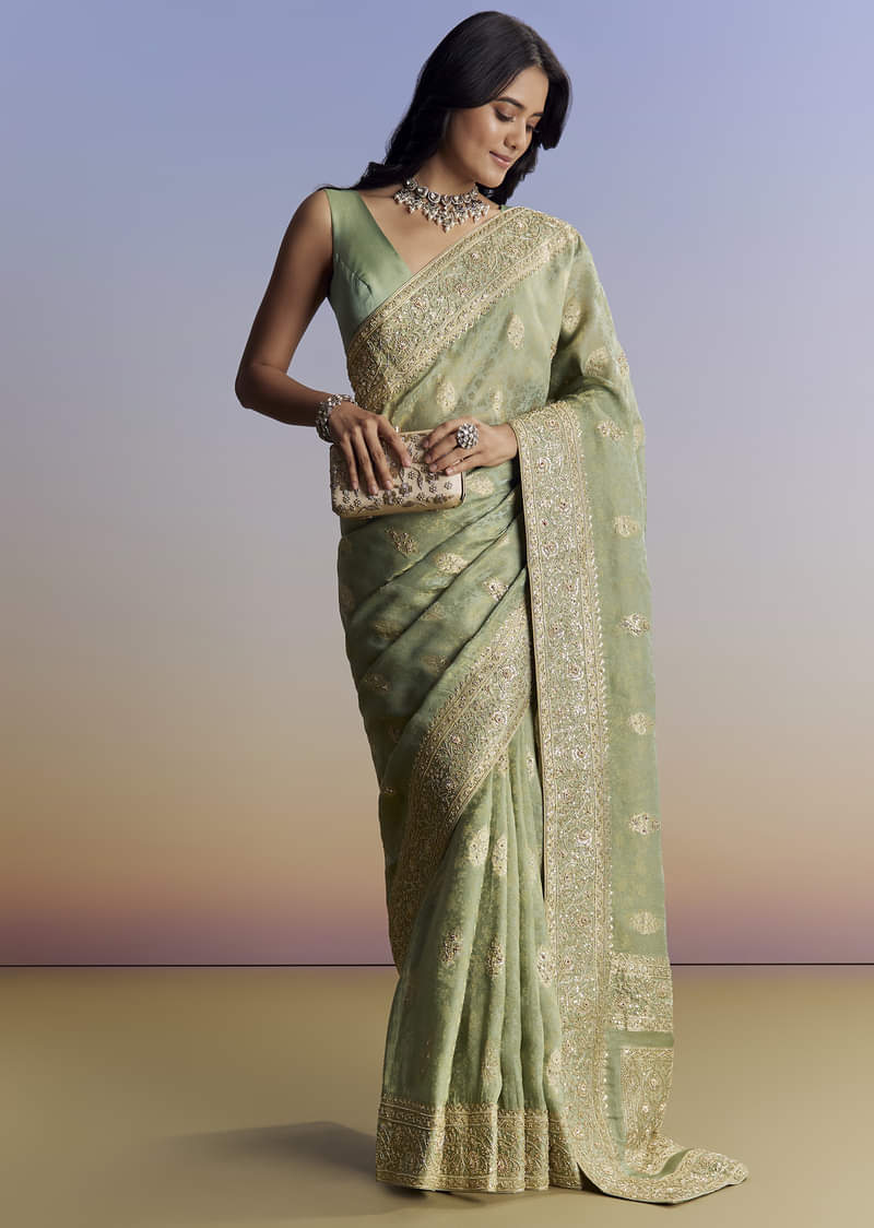 Light Green Jacquard Silk Saree With Zari Woven Embroidery - Image 3