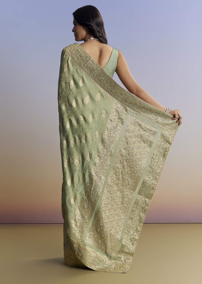 Light Green Jacquard Silk Saree With Zari Woven Embroidery - Image 6
