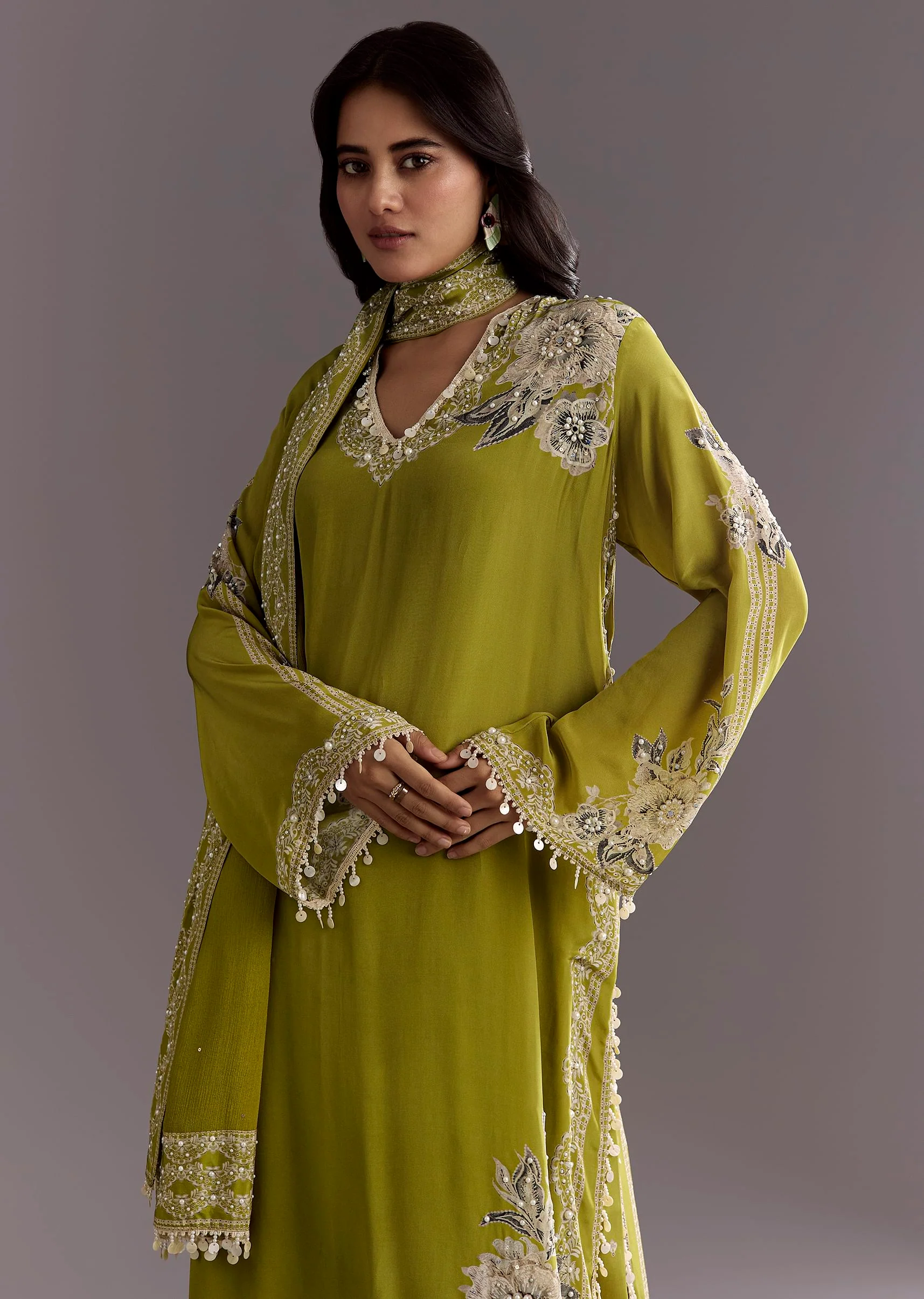 Light Green Moti Embroidered Kurta With Printed Palazzo - Image 4