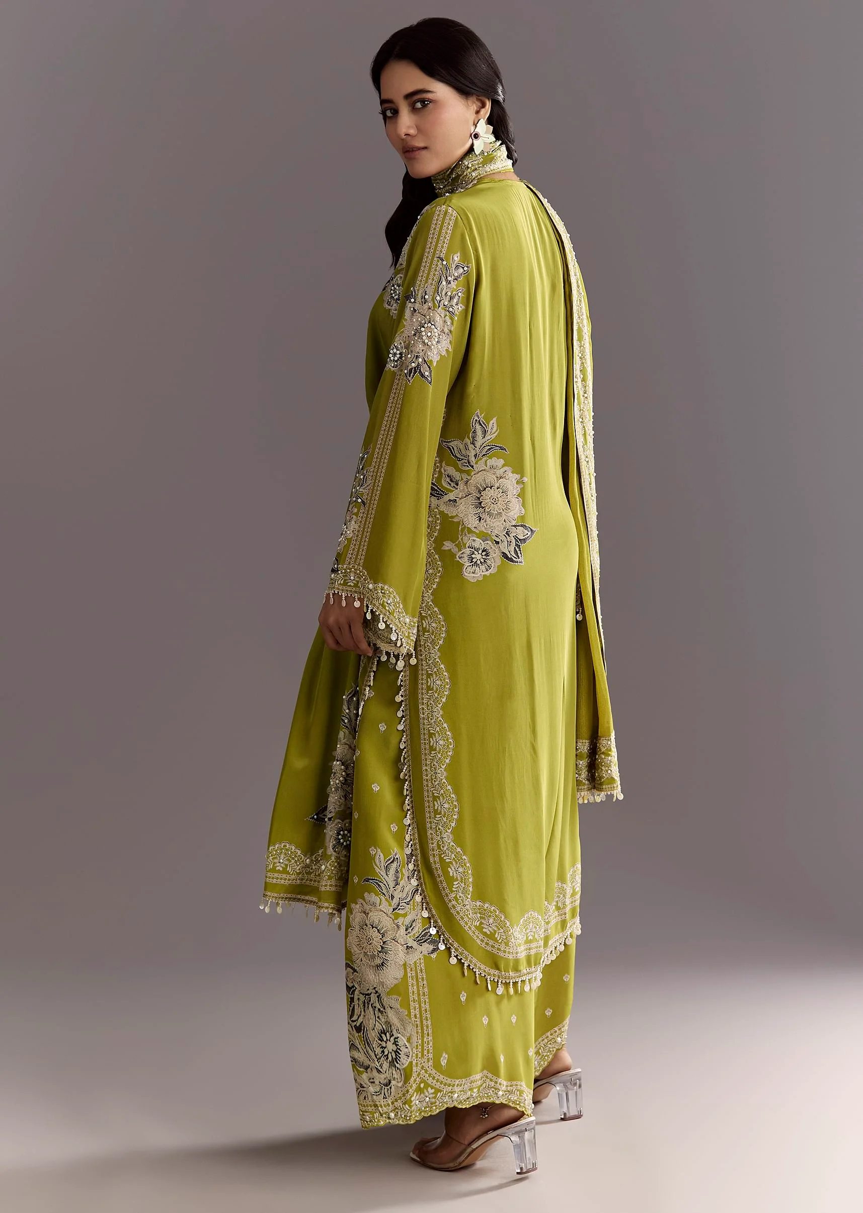 Light Green Moti Embroidered Kurta With Printed Palazzo - Image 5