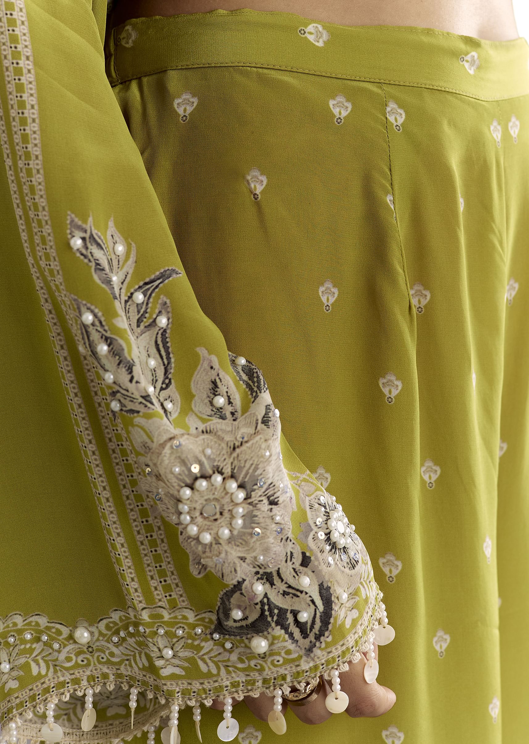 Light Green Moti Embroidered Kurta With Printed Palazzo - Image 6