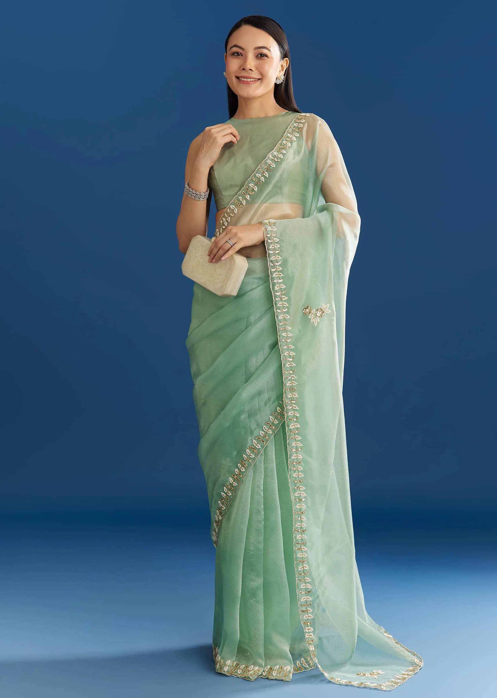 Light Green Organza Tissue Saree With Beaded Scallop Edge