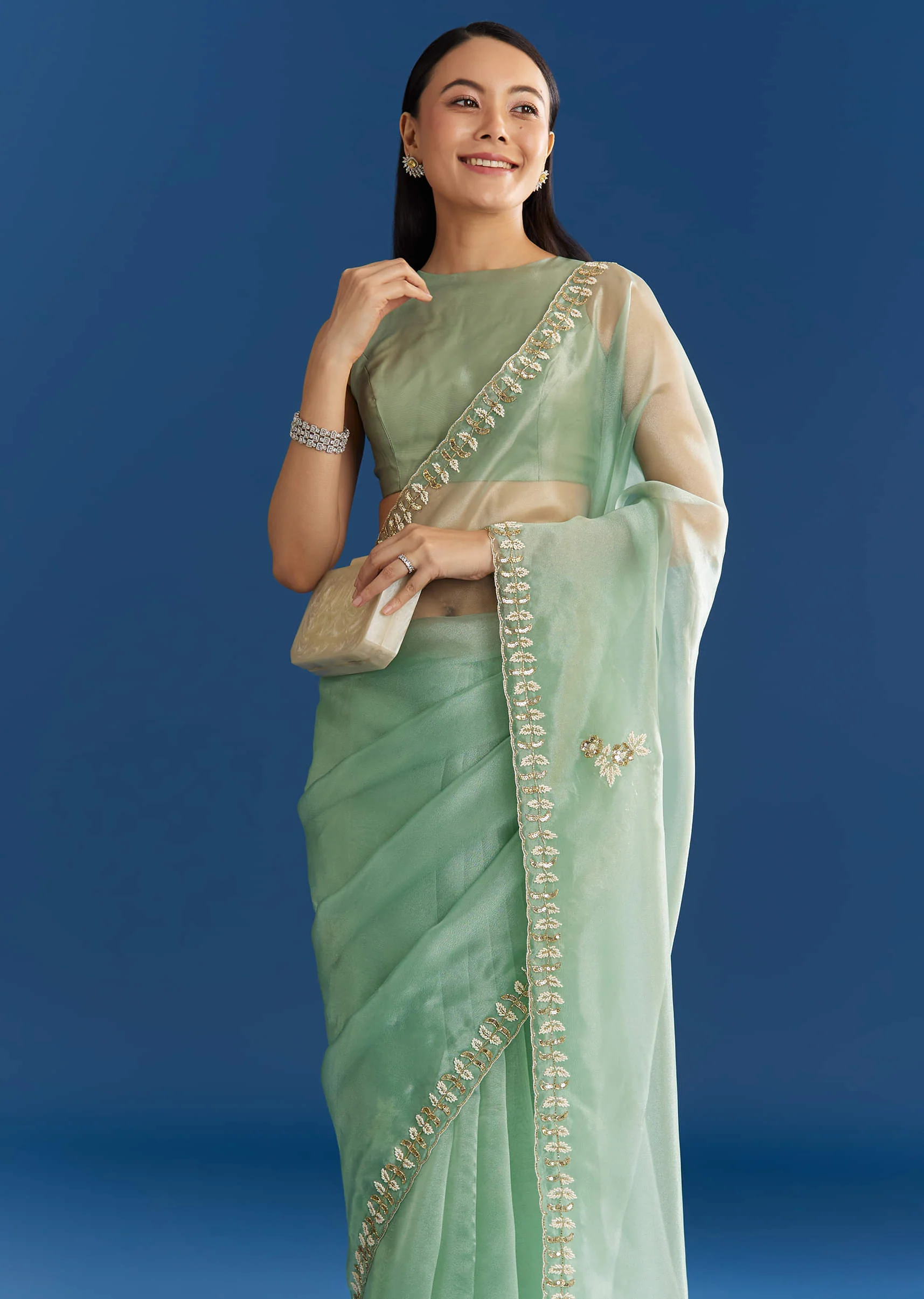 Light Green Organza Tissue Saree With Beaded Scallop Edge - Image 2