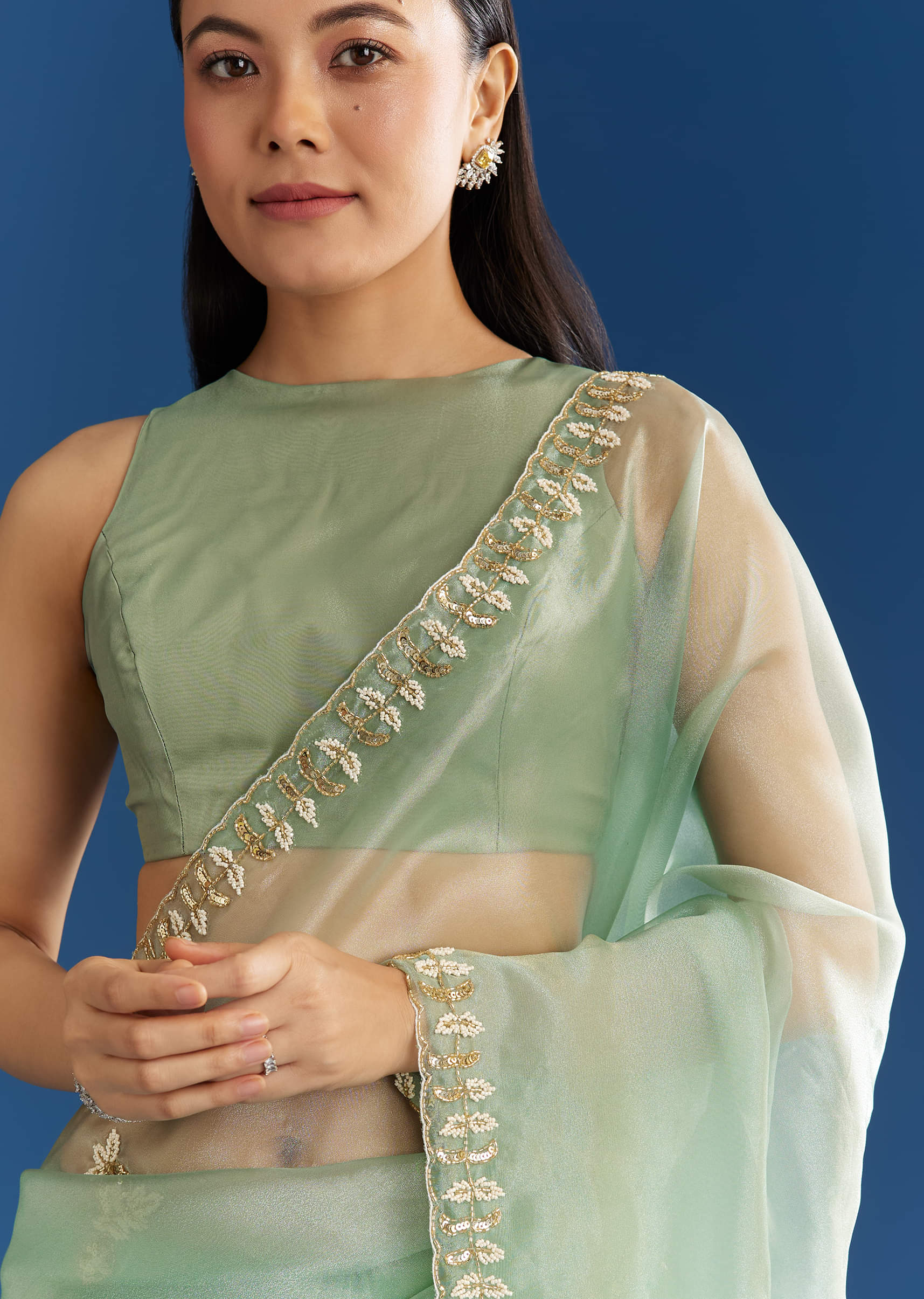 Light Green Organza Tissue Saree With Beaded Scallop Edge - Image 5