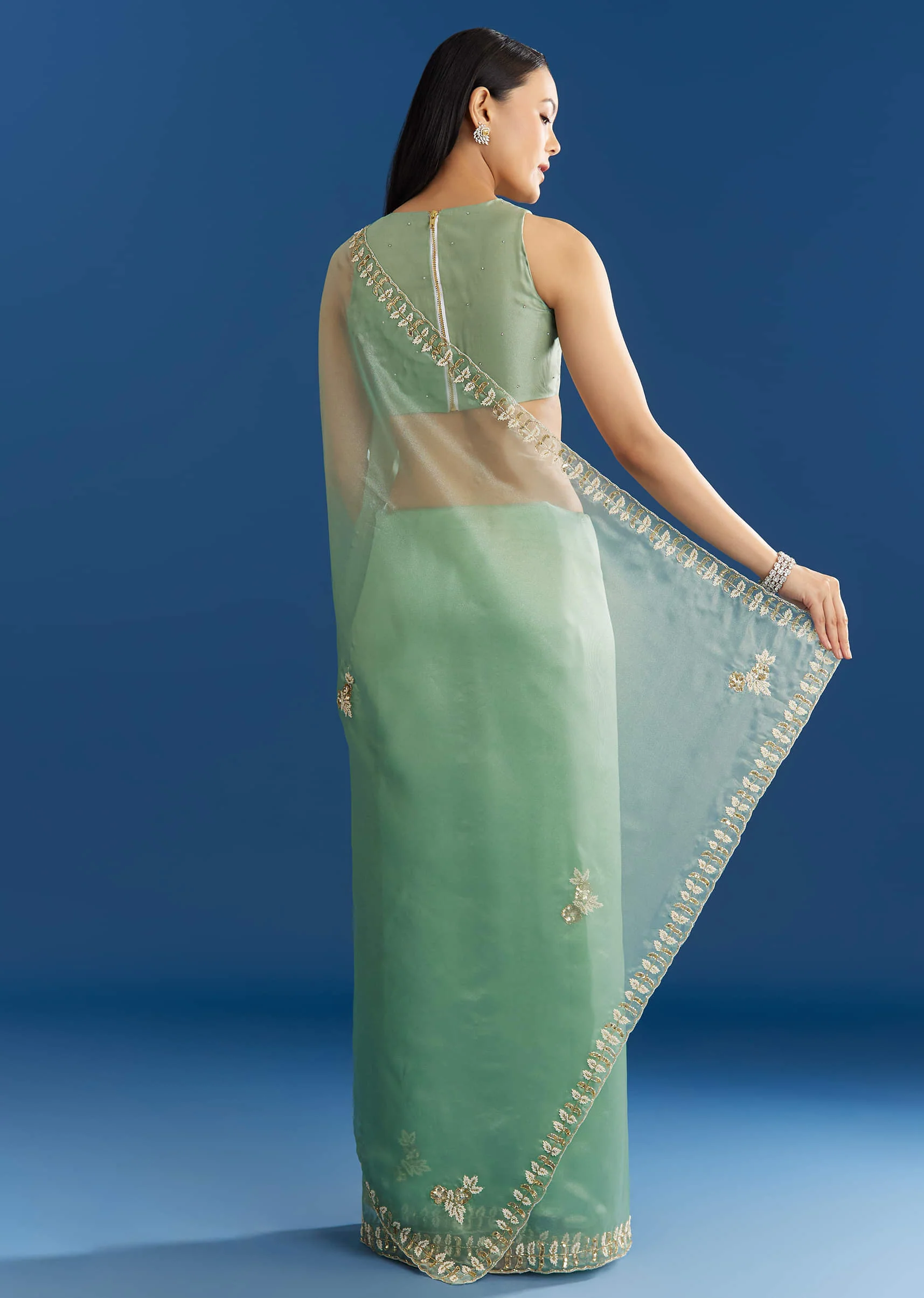 Light Green Organza Tissue Saree With Beaded Scallop Edge - Image 6