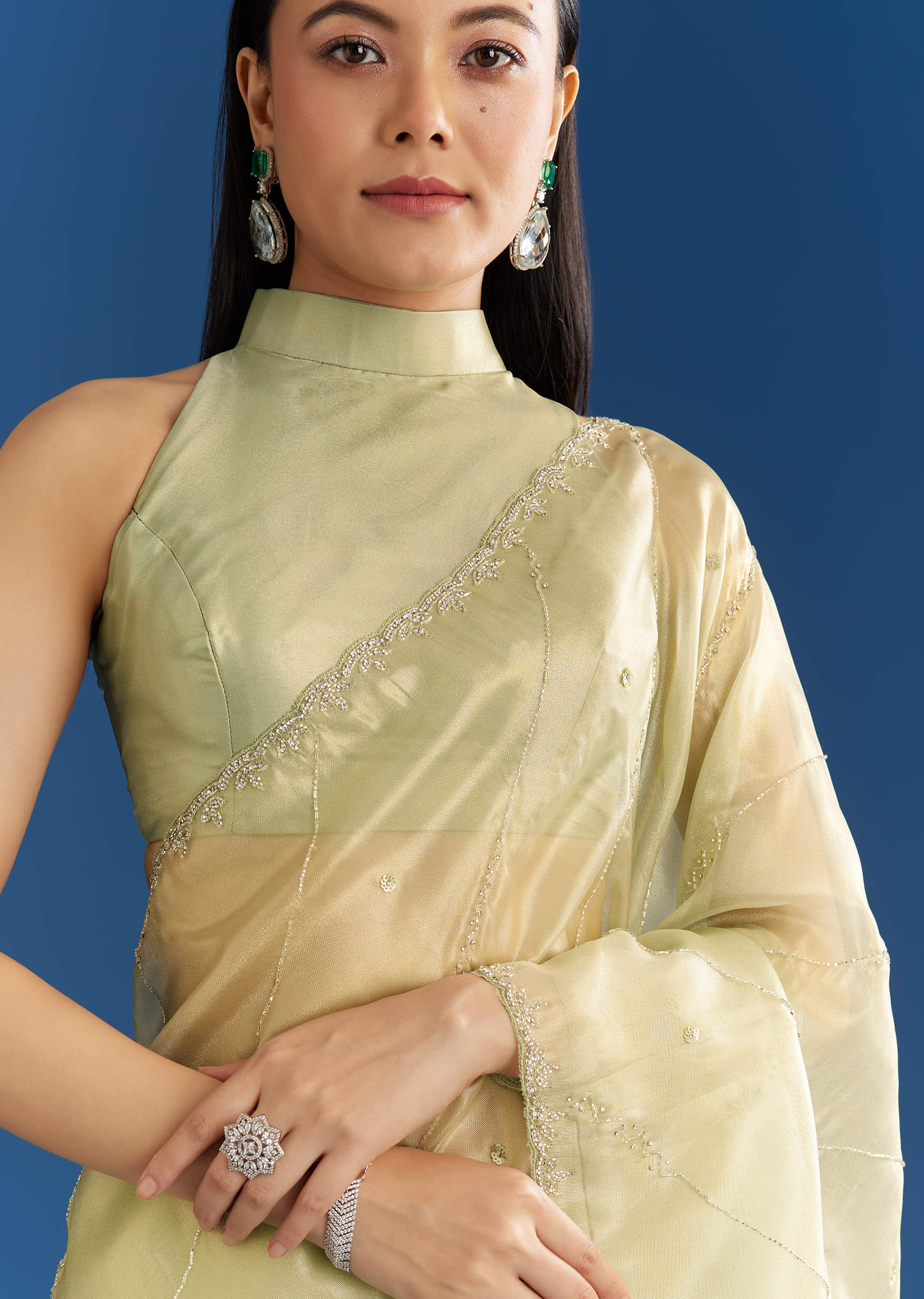 Light Green Organza Tissue Saree With Embroidered Scallop Border - Image 5