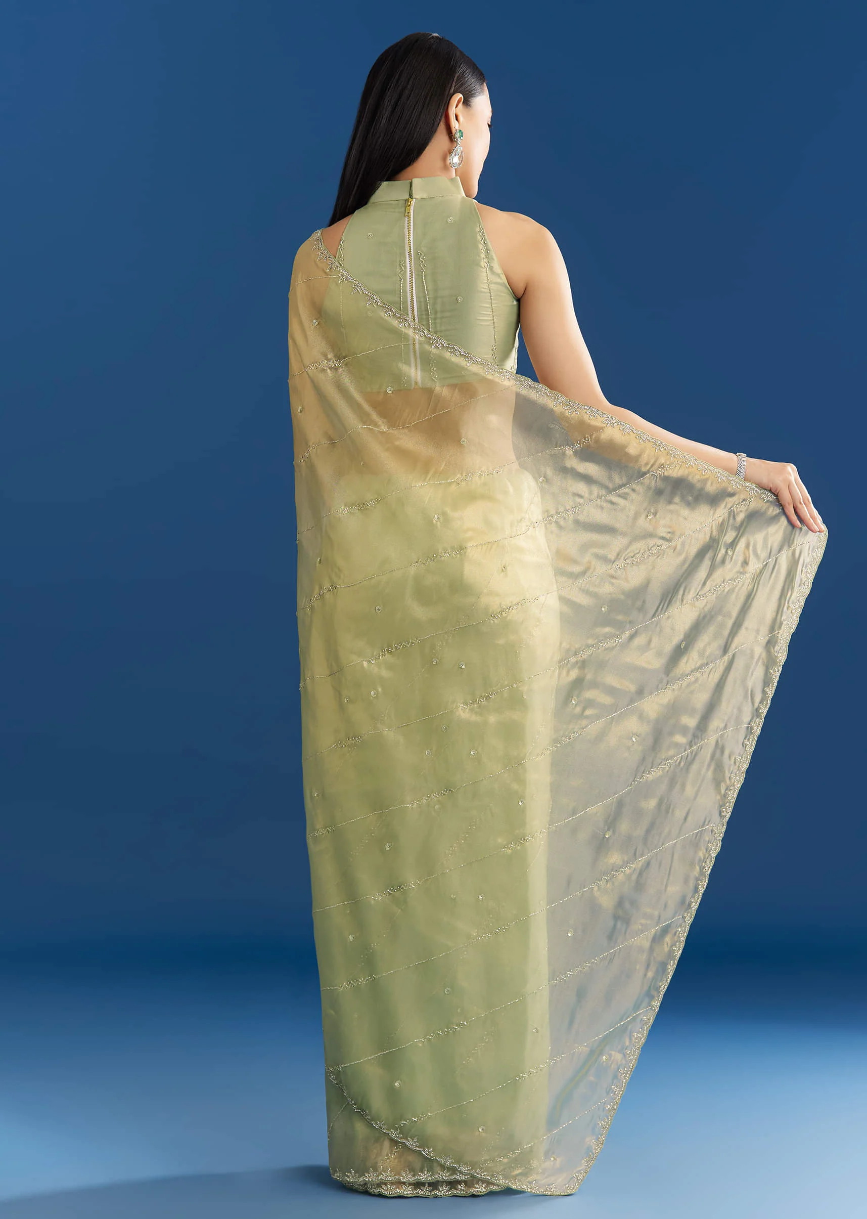 Light Green Organza Tissue Saree With Embroidered Scallop Border - Image 6