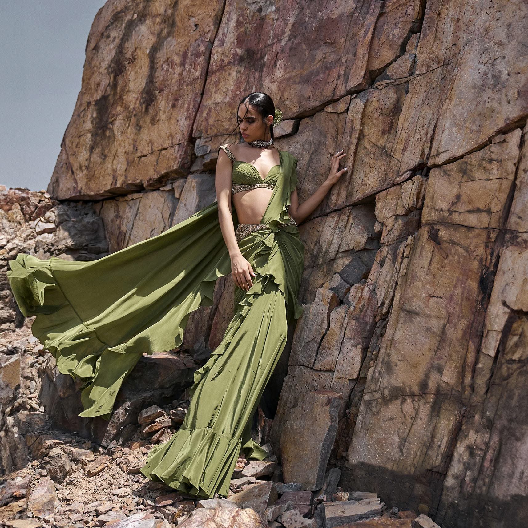 Light Green Pre Stitched Layered Frill Saree With Blouse - Image 5