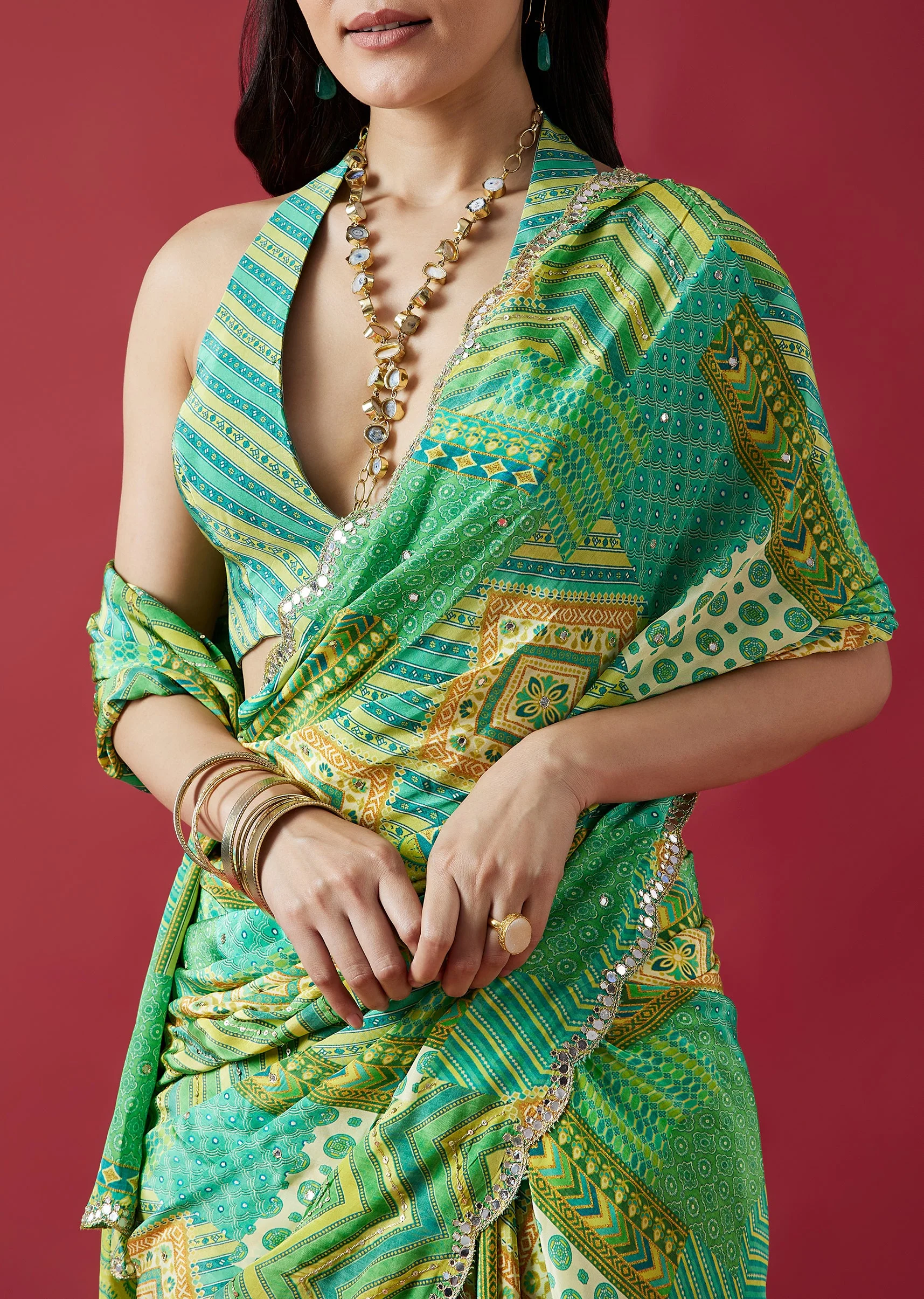 Light Green Printed Crepe Silk Saree With Mirror Border - Image 2