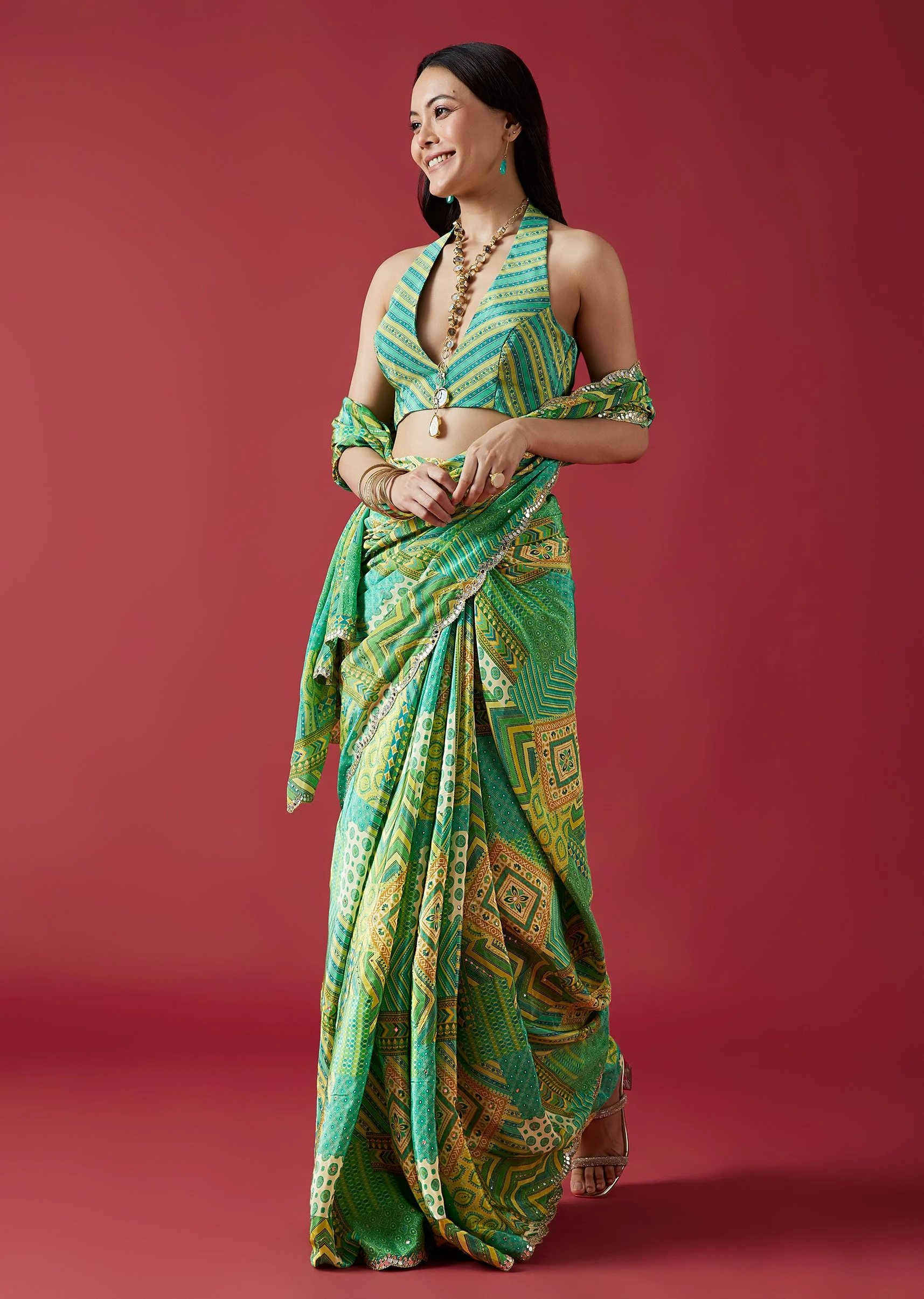Light Green Printed Crepe Silk Saree With Mirror Border - Image 3