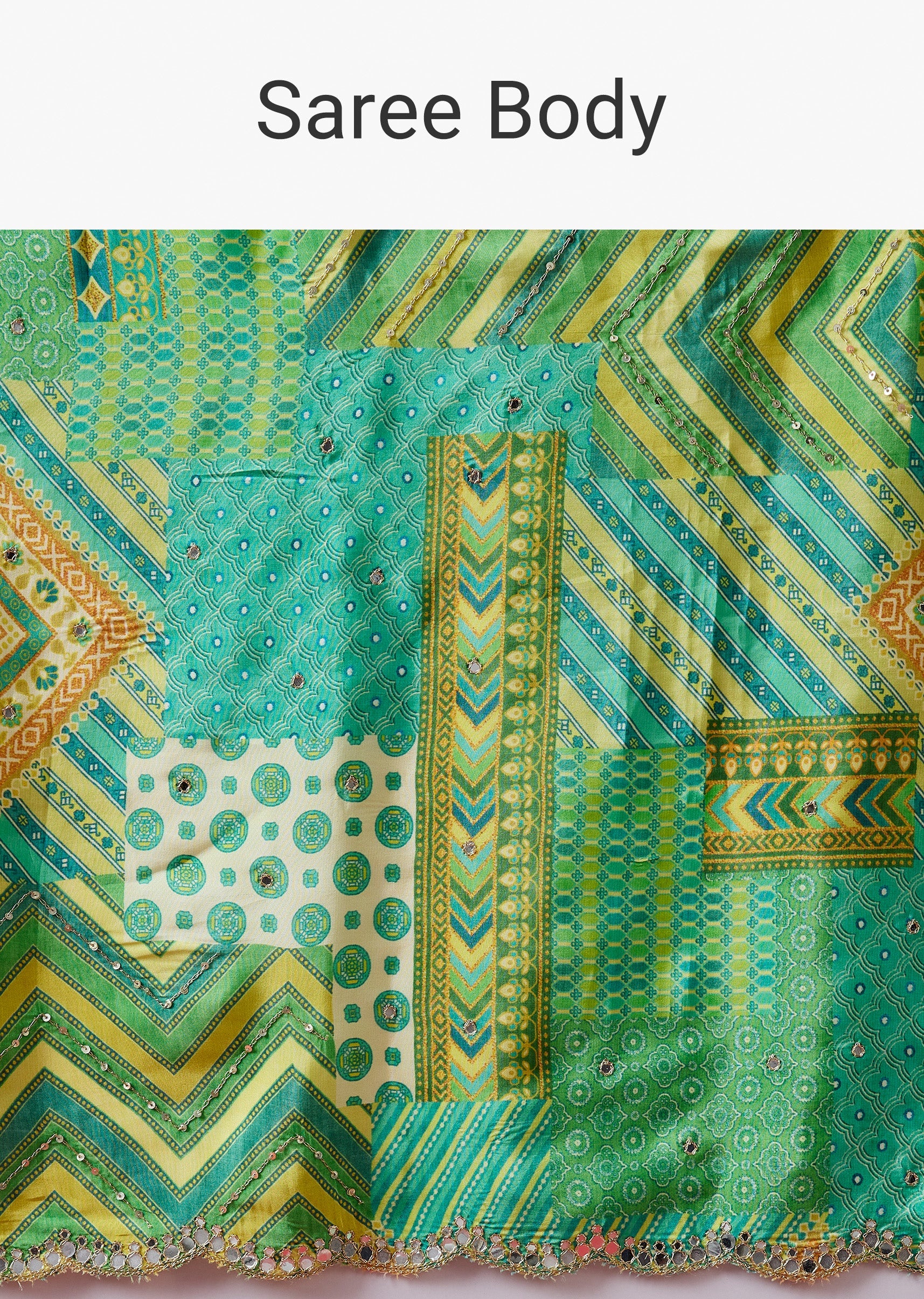 Light Green Printed Crepe Silk Saree With Mirror Border - Image 9