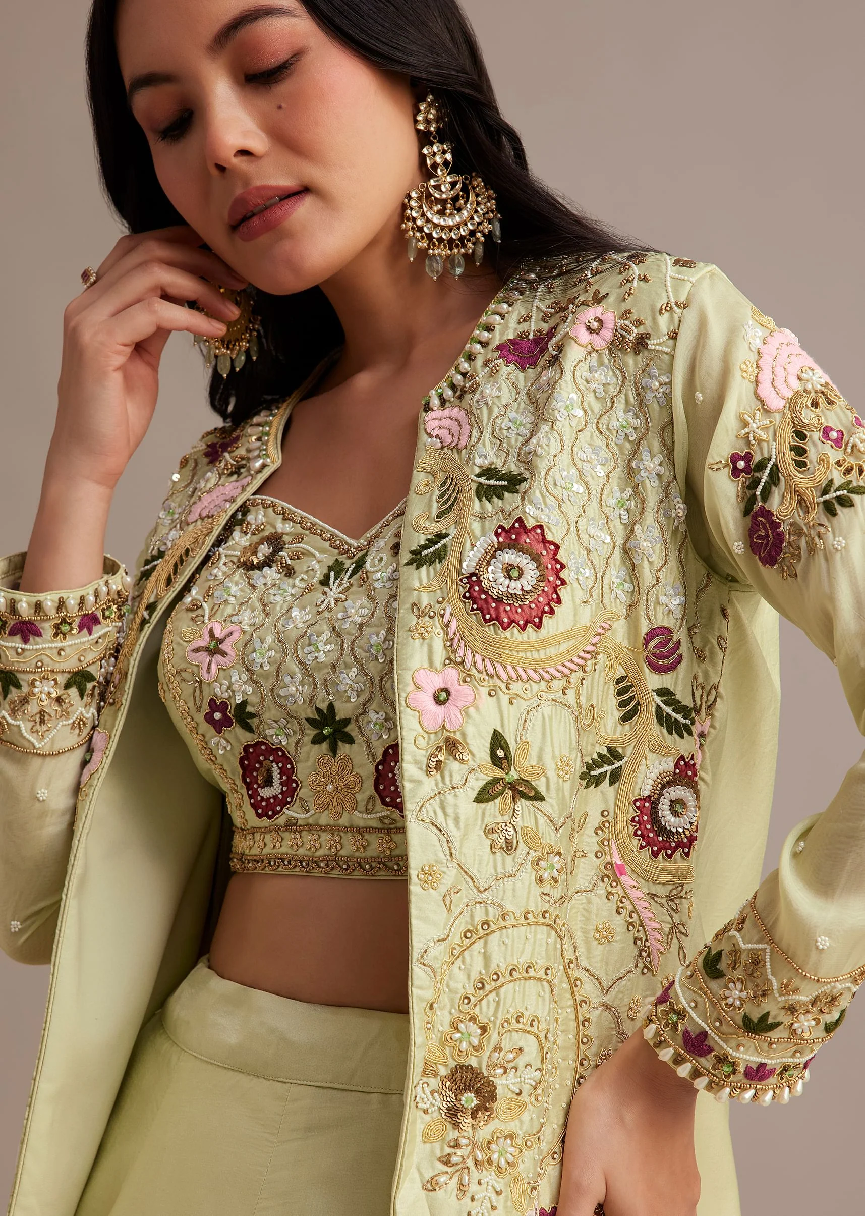 Light Green Silk Jacket Lehenga Set With Thread And Moti Work - Image 4