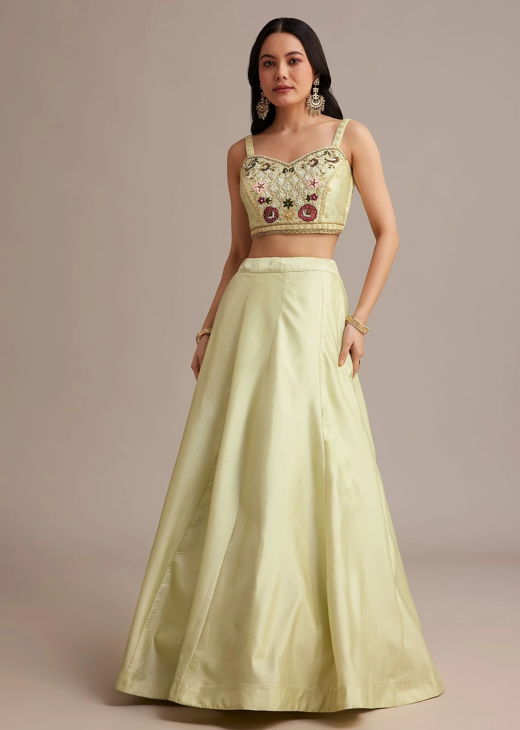 Light Green Silk Jacket Lehenga Set With Thread And Moti Work - Image 5