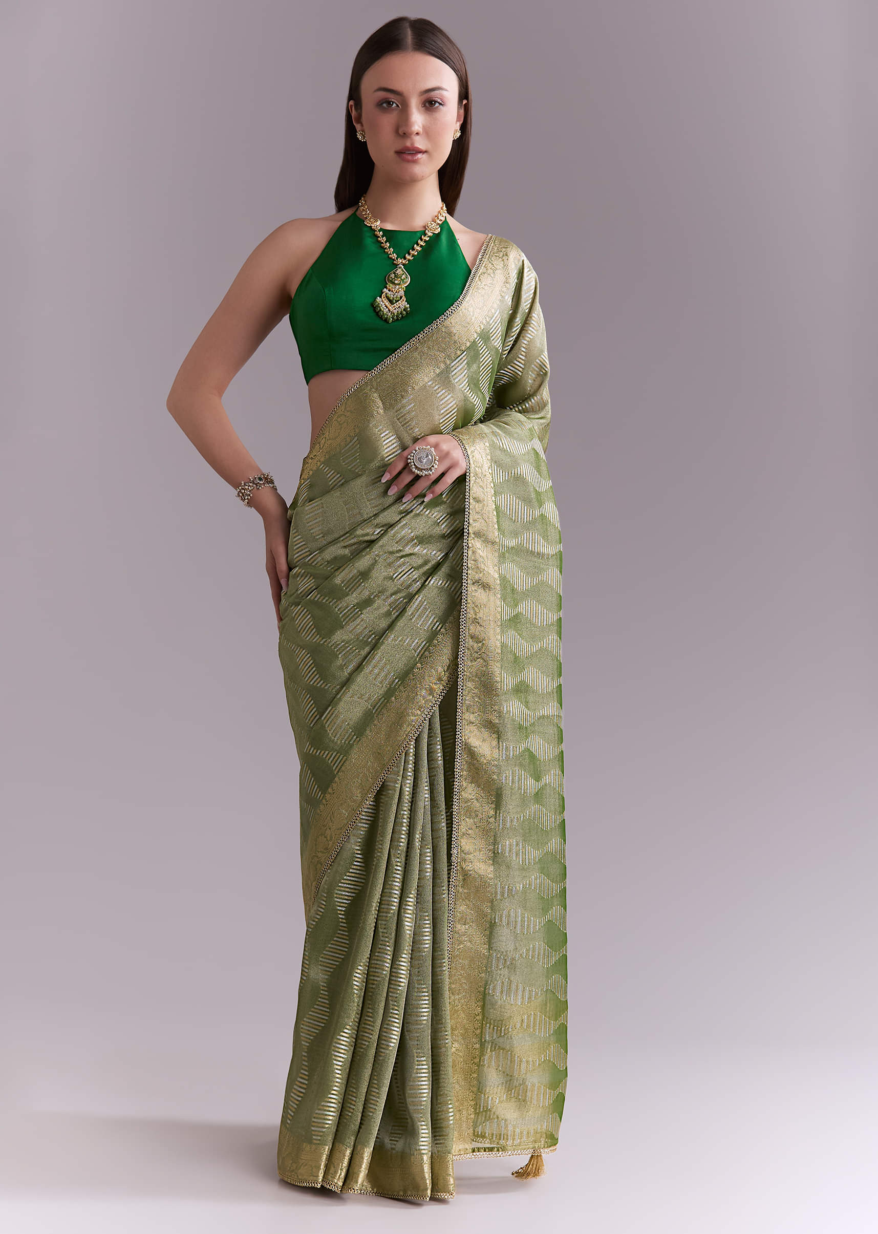 Light Green Tissue Saree With Subtle Weave And Zari Border - Image 3