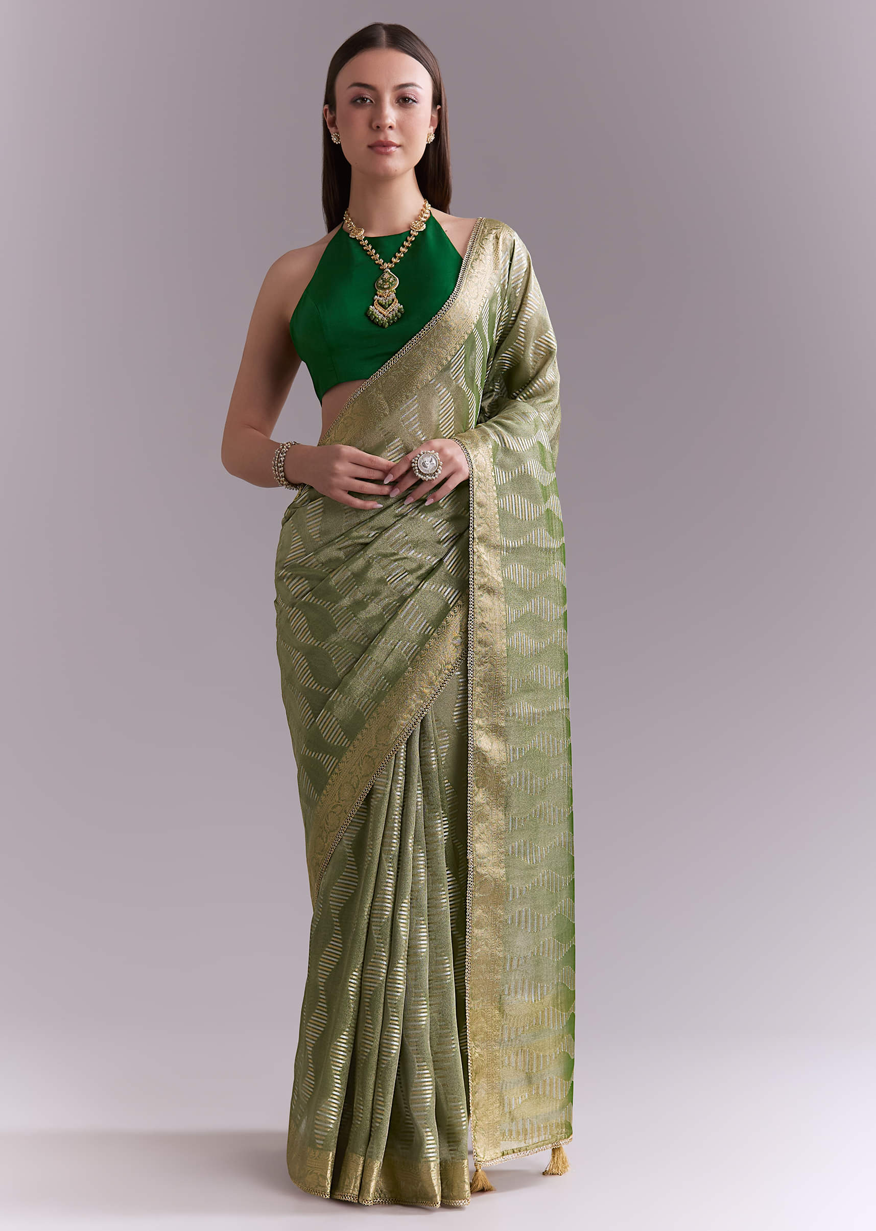 Light Green Tissue Saree With Subtle Weave And Zari Border - Image 5