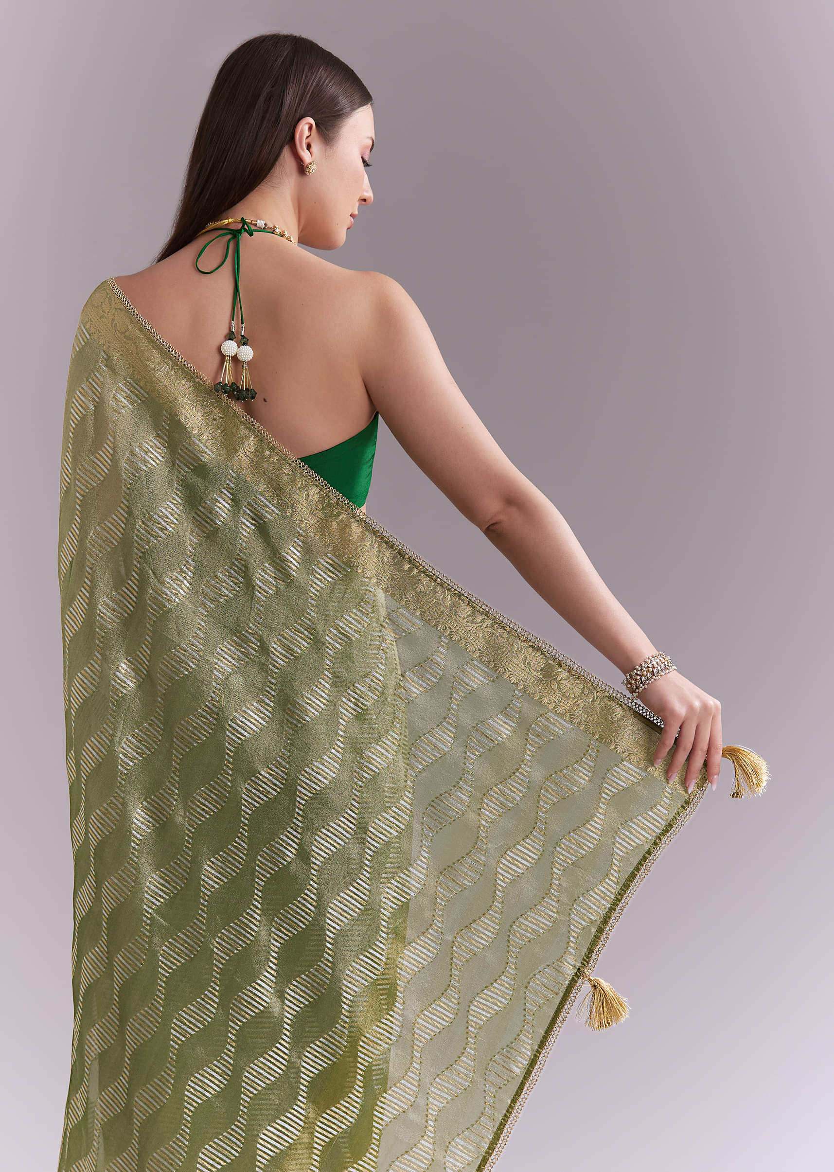 Light Green Tissue Saree With Subtle Weave And Zari Border - Image 6