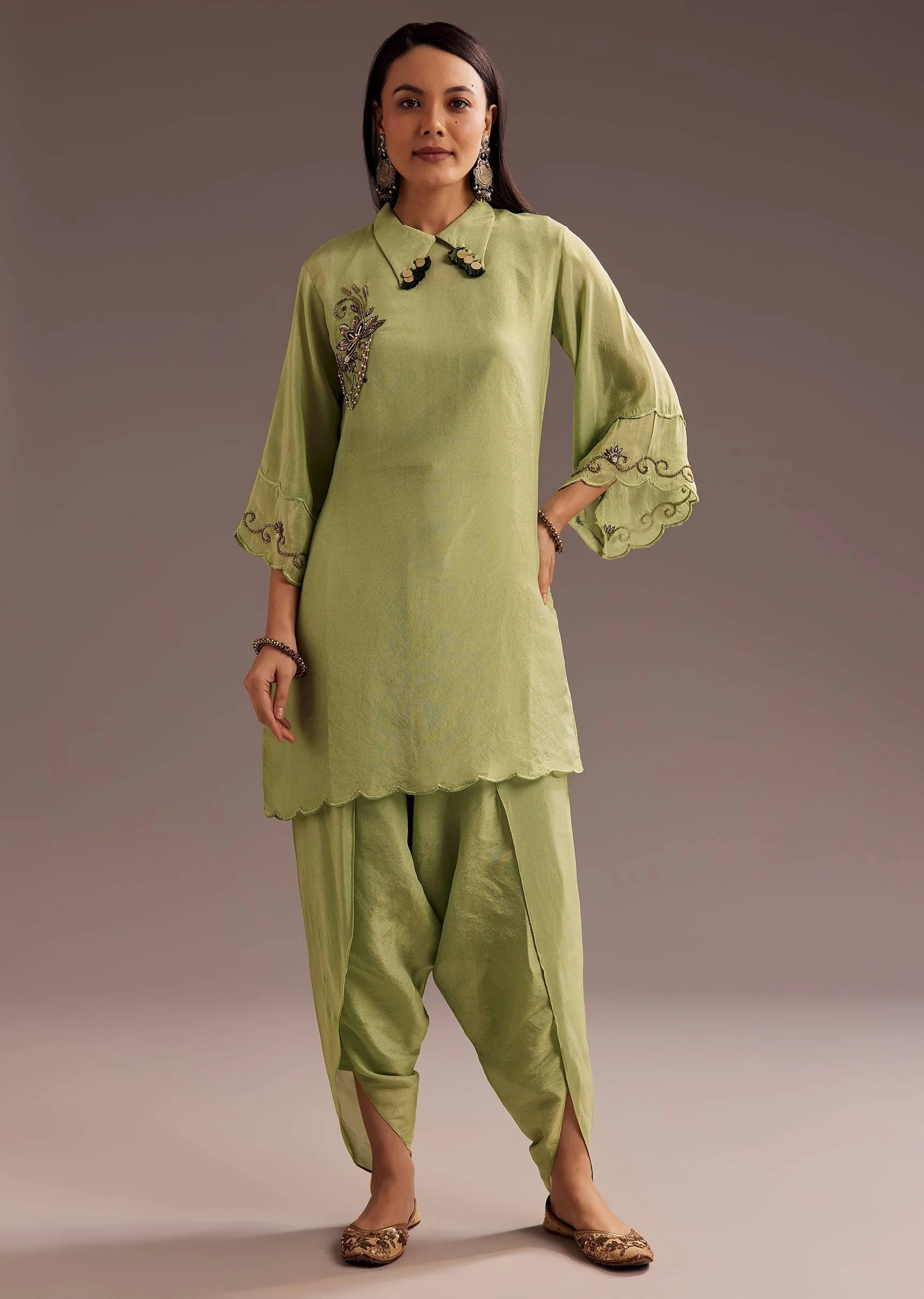 Light Green Zardosi Kurta With Embroidered Dupatta Belt - Image 7