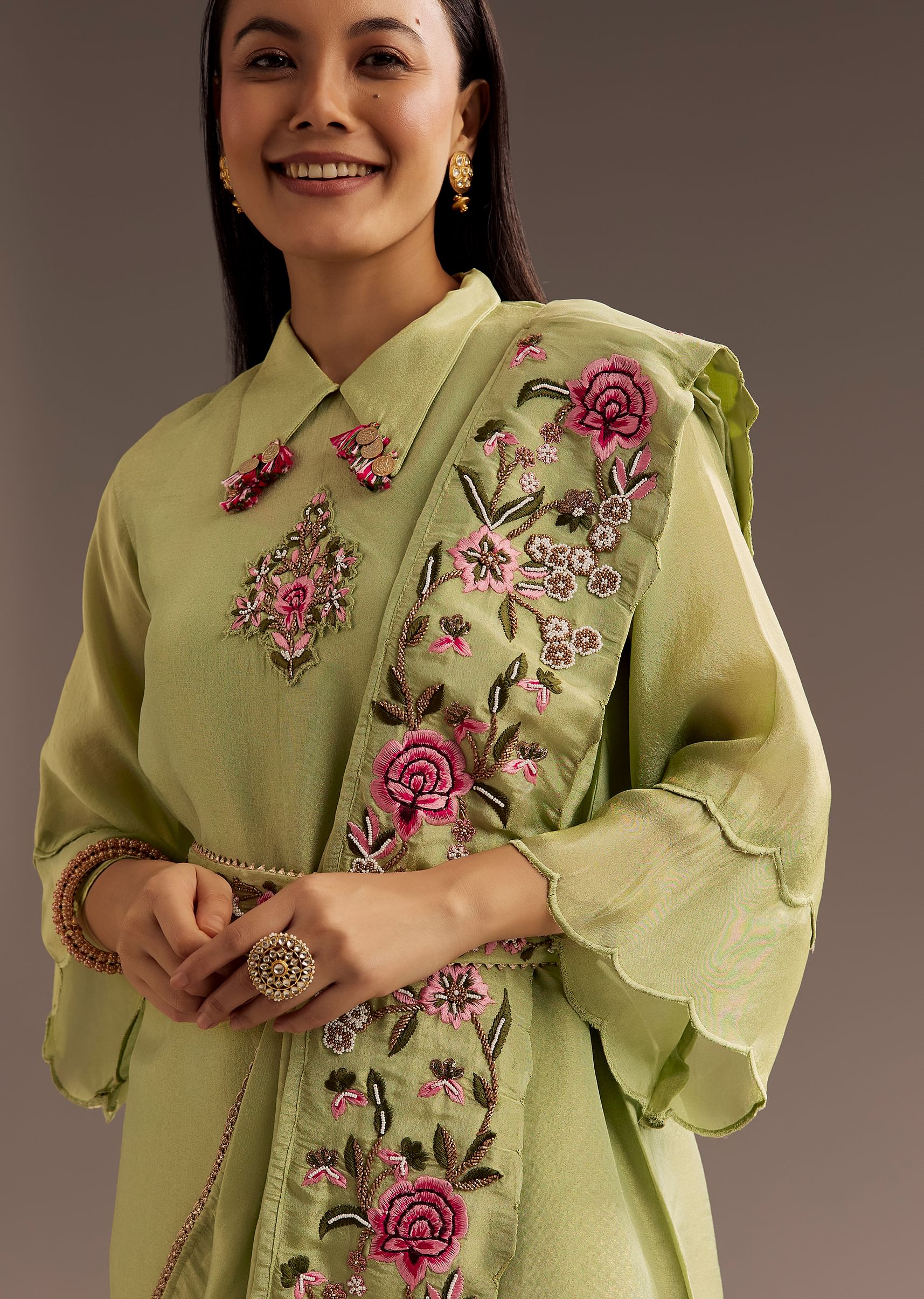 Light Green Zardosi Motif Kurta Dupatta Belt Set - Image 2