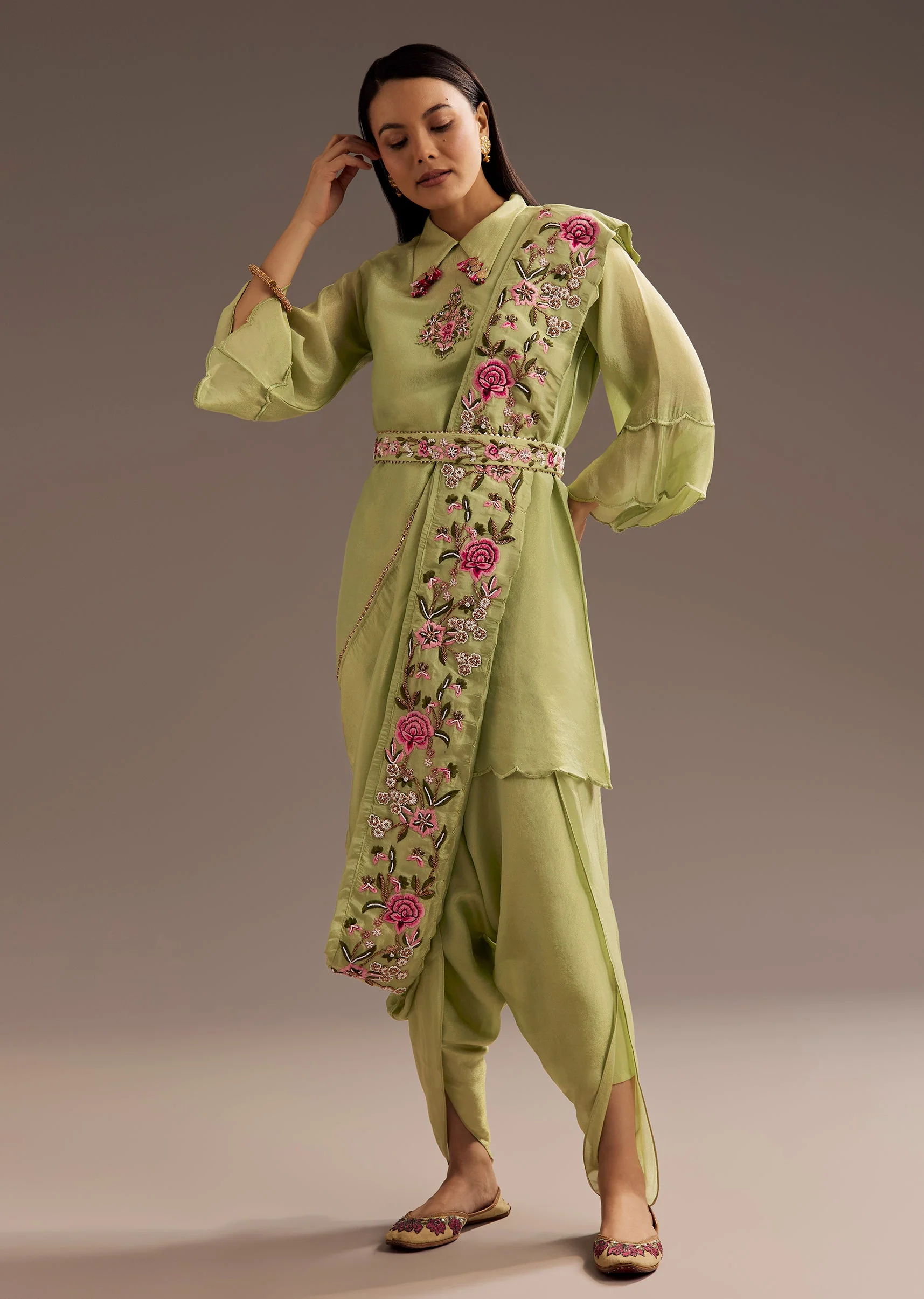 Light Green Zardosi Motif Kurta Dupatta Belt Set - Image 3