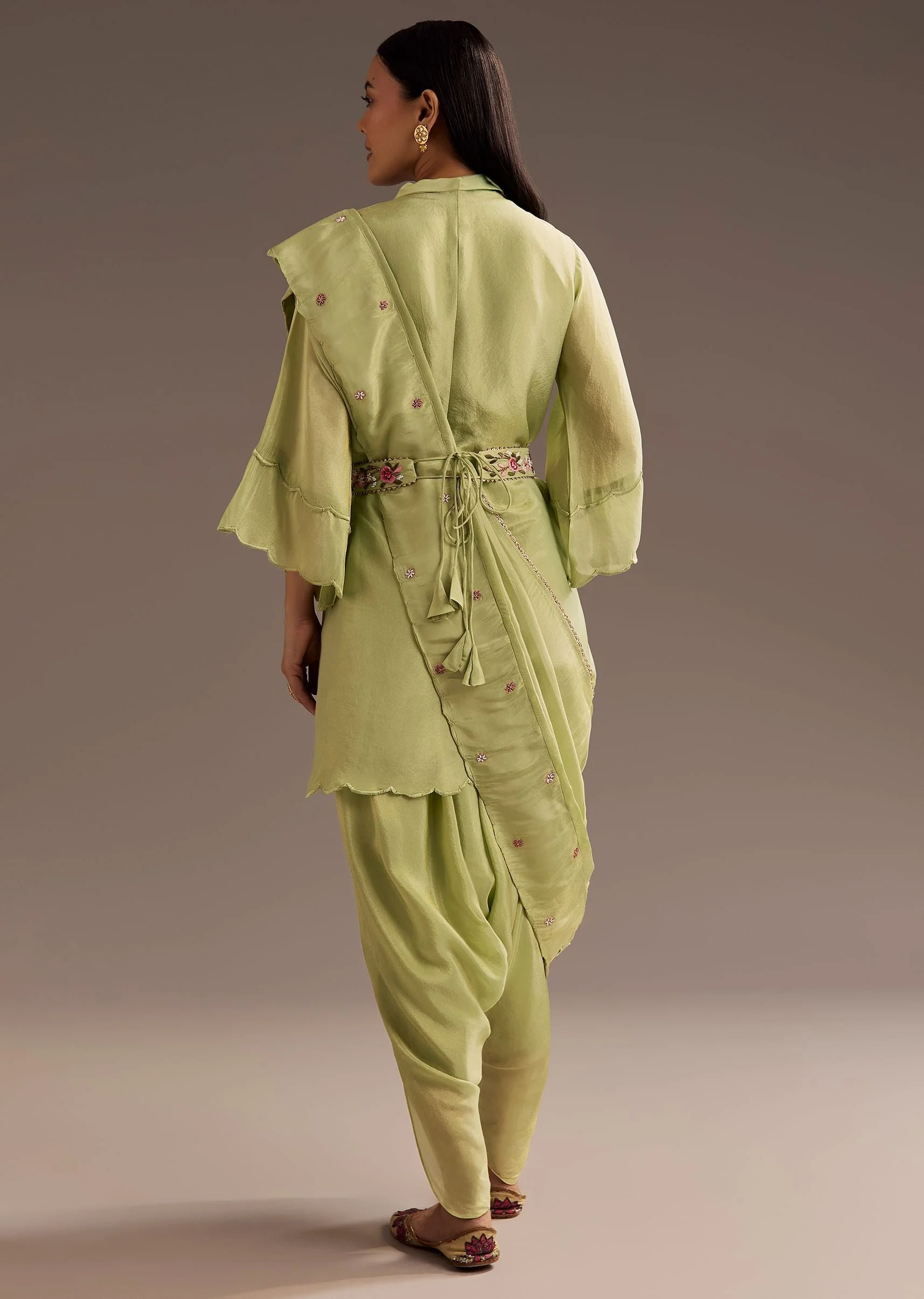 Light Green Zardosi Motif Kurta Dupatta Belt Set - Image 5