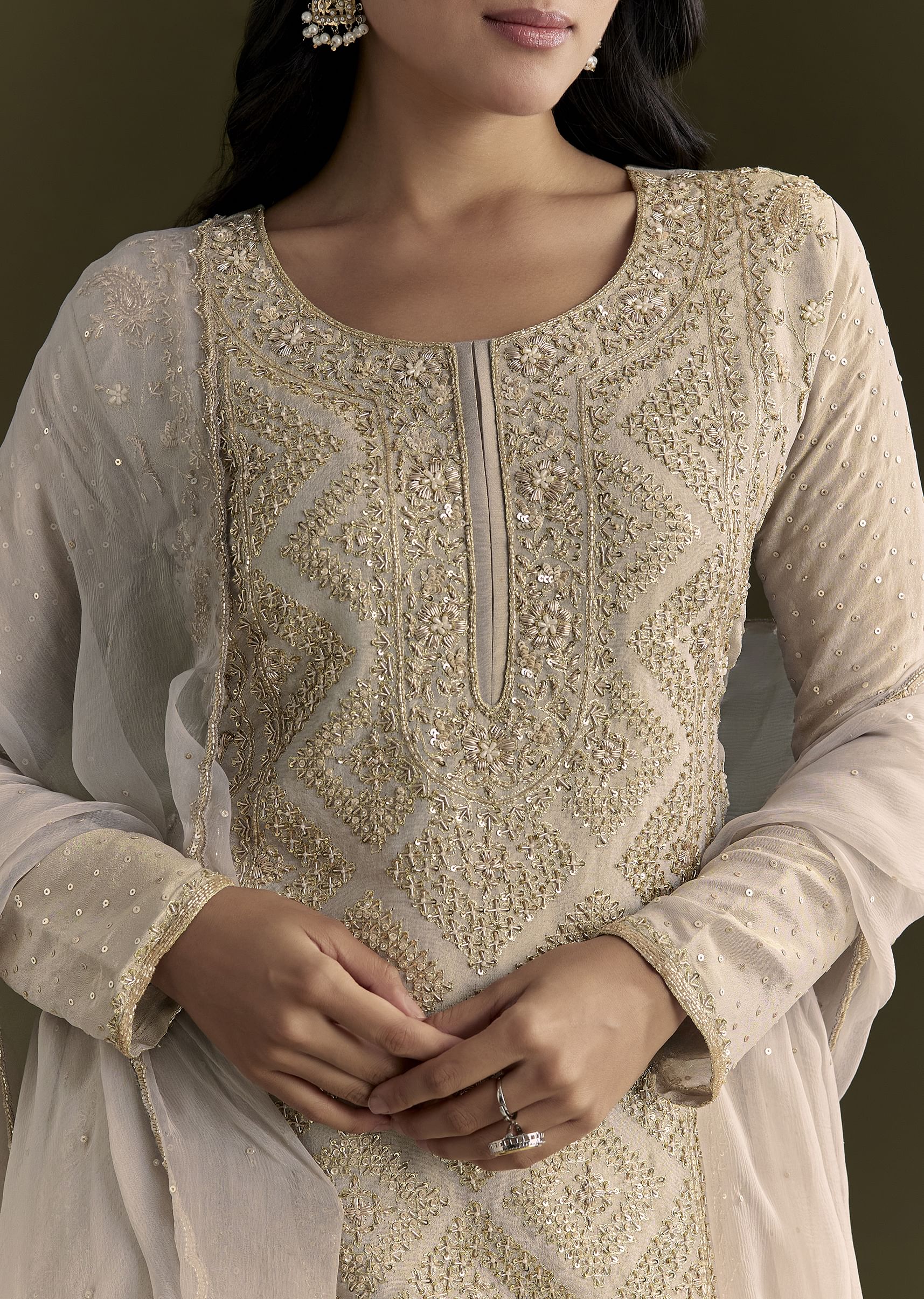 Light Grey Cutdana Zardosi Embroidered Kurta With Scallop Border Dupatta - Image 2