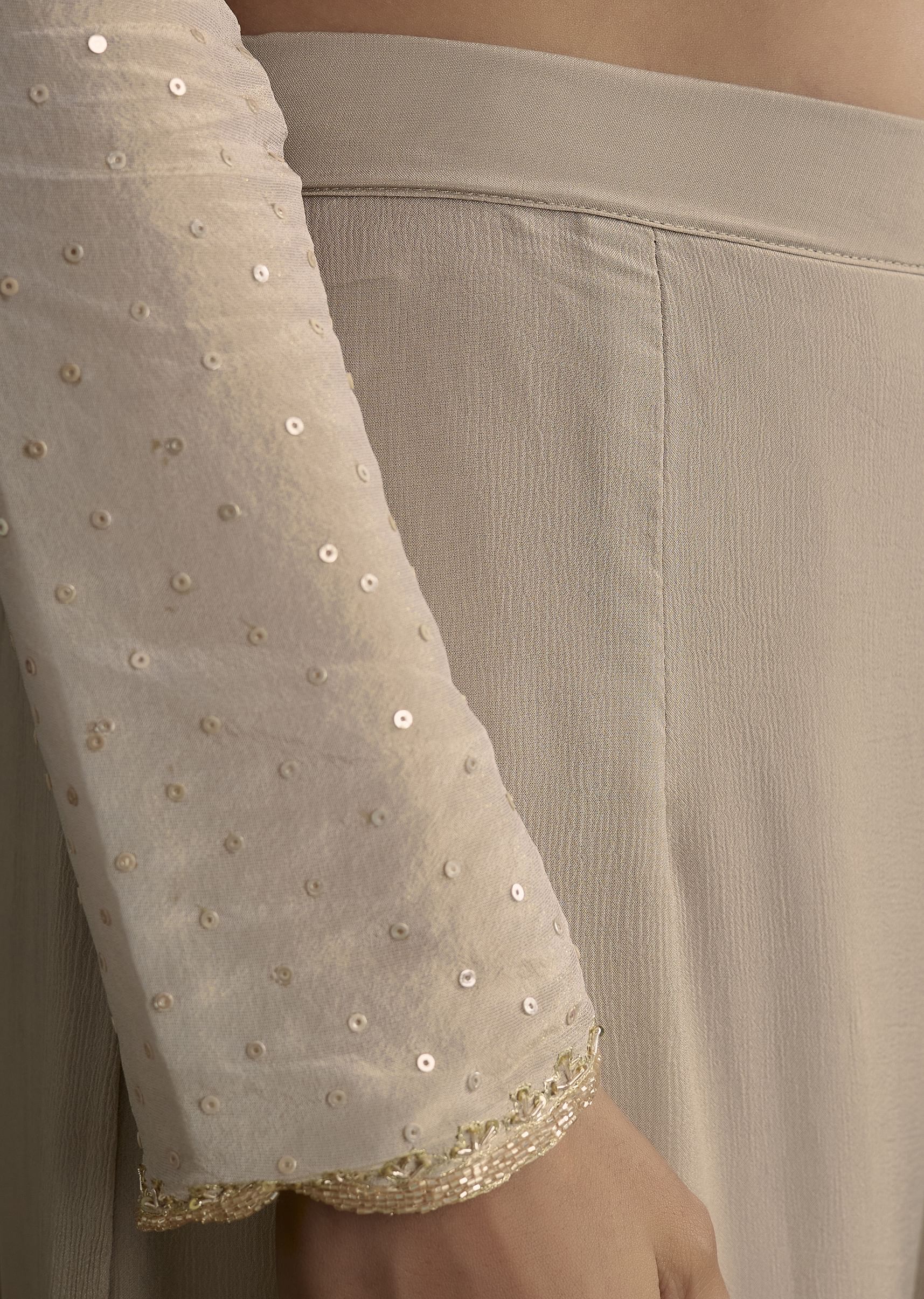 Light Grey Cutdana Zardosi Embroidered Kurta With Scallop Border Dupatta - Image 6