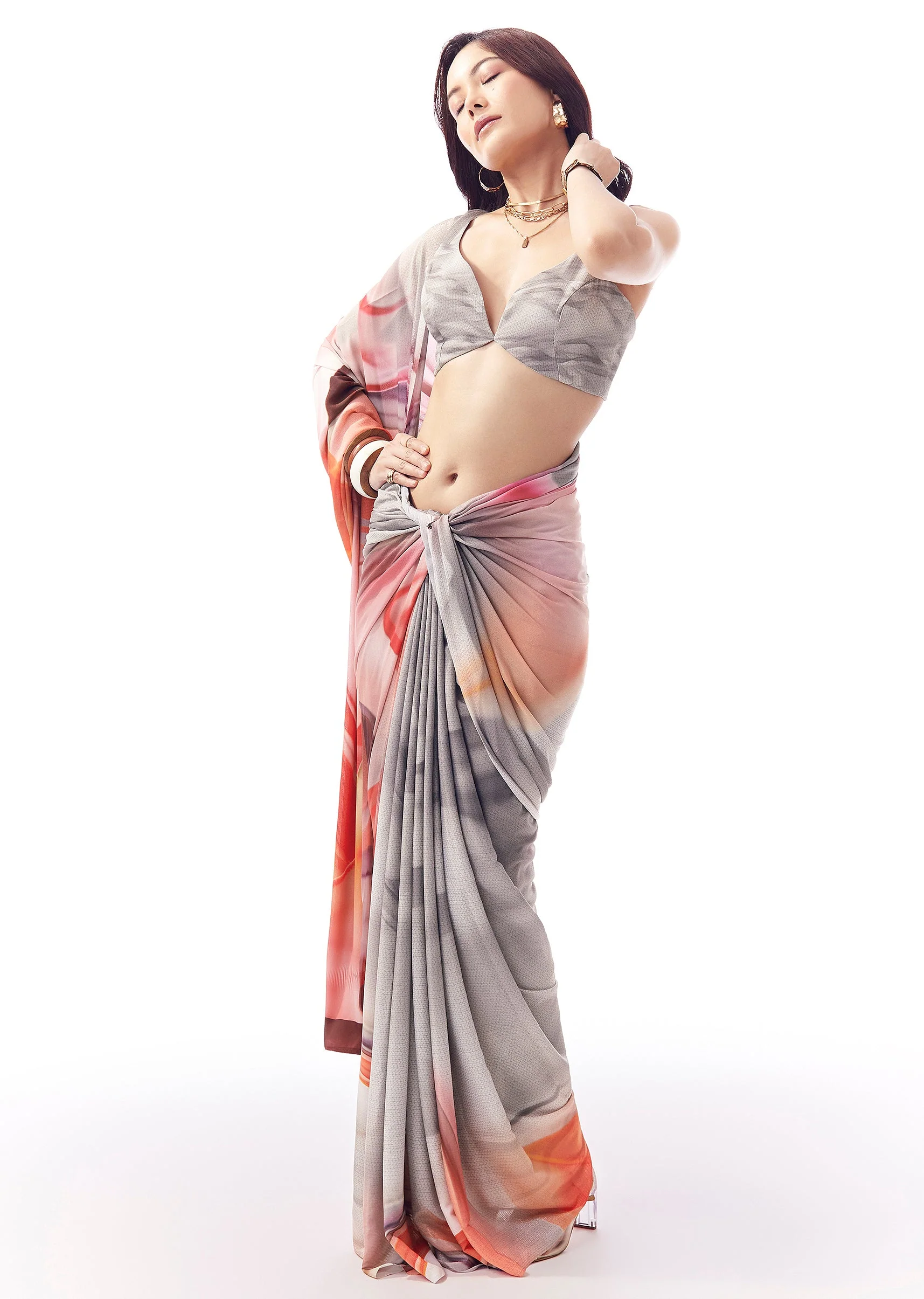 Light Grey Georgette Saree With Multicolour Abstract Print - Image 3