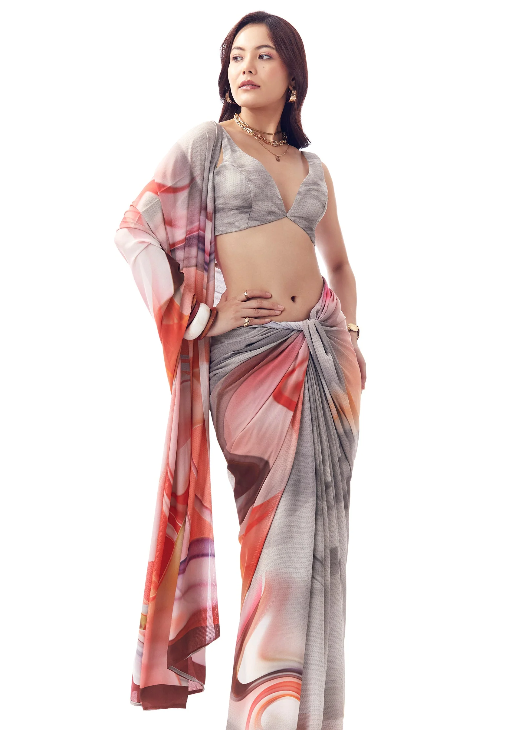 Light Grey Georgette Saree With Multicolour Abstract Print - Image 5