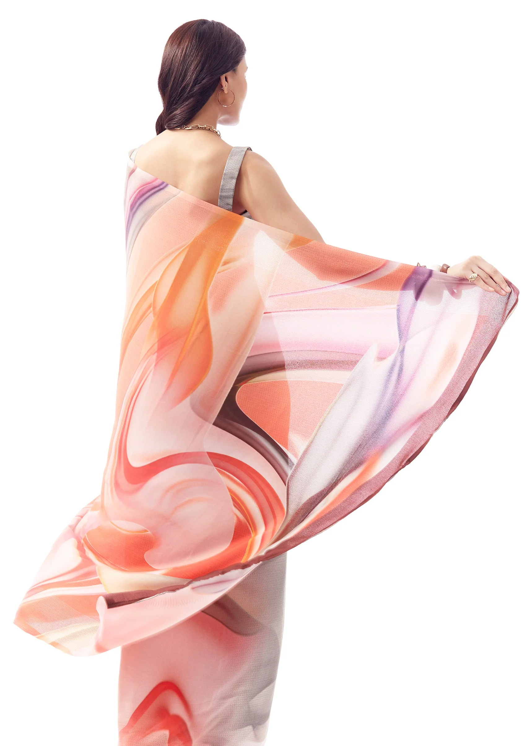 Light Grey Georgette Saree With Multicolour Abstract Print - Image 6